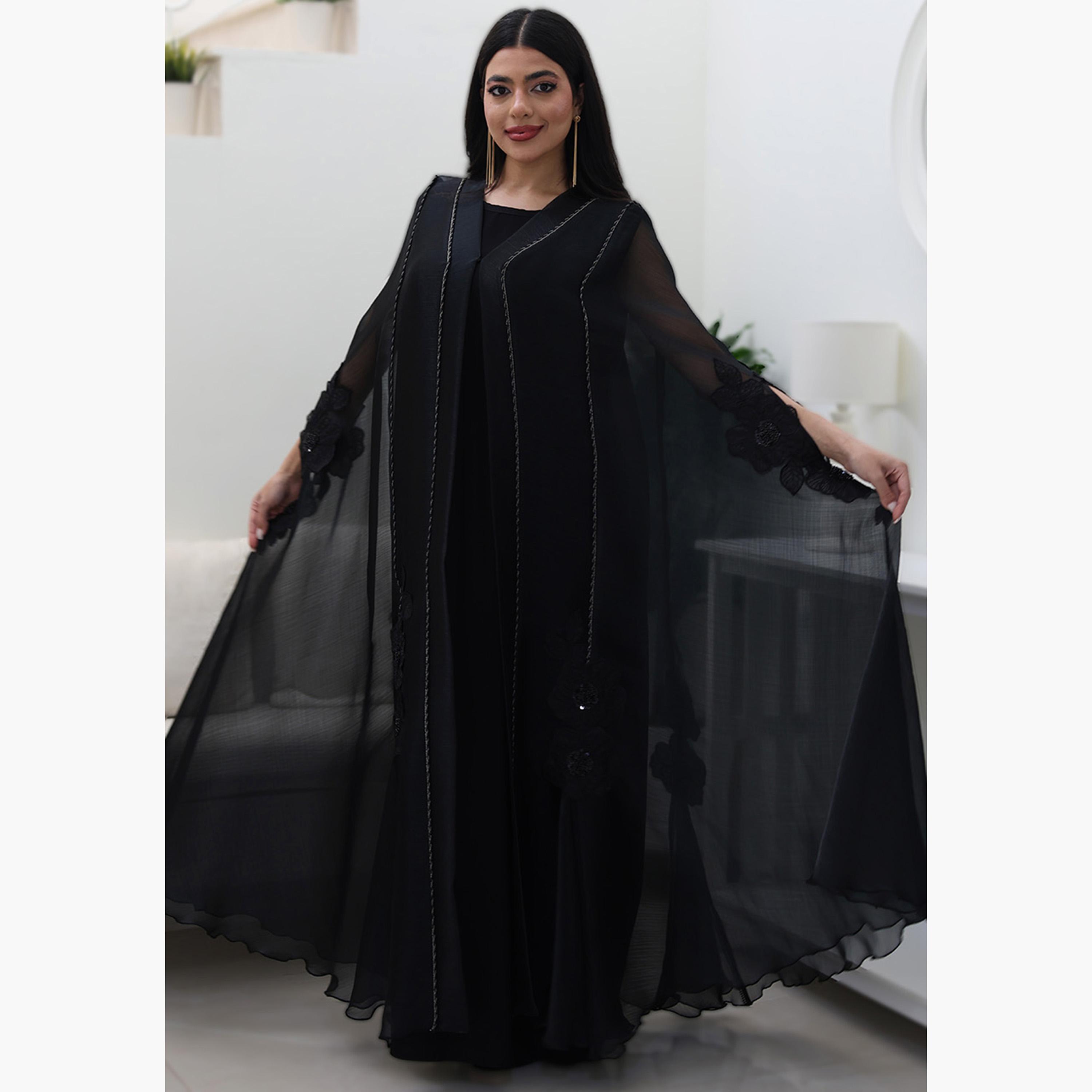 Nukhbaa Black Beaded Cape Sleeves Nida Women's Evening Abaya-women-arabicclothing-abayas-image-1