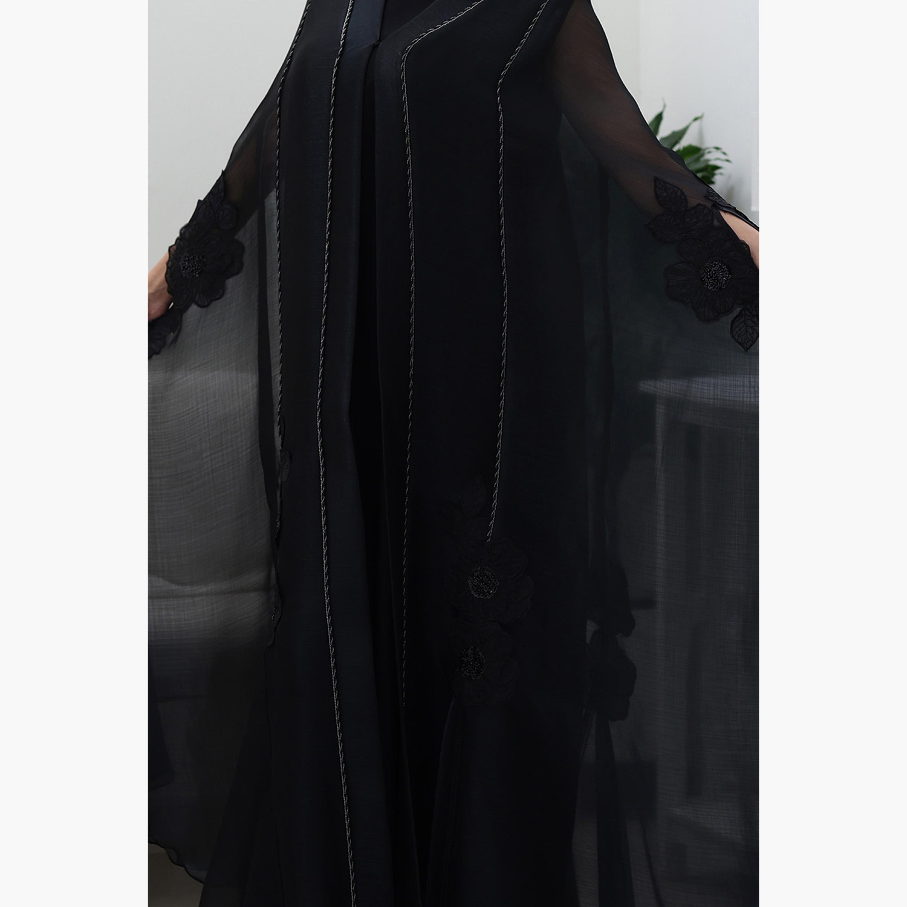 Nukhbaa Black Beaded Cape Sleeves Nida Women's Evening Abaya-women-arabicclothing-abayas-image-2