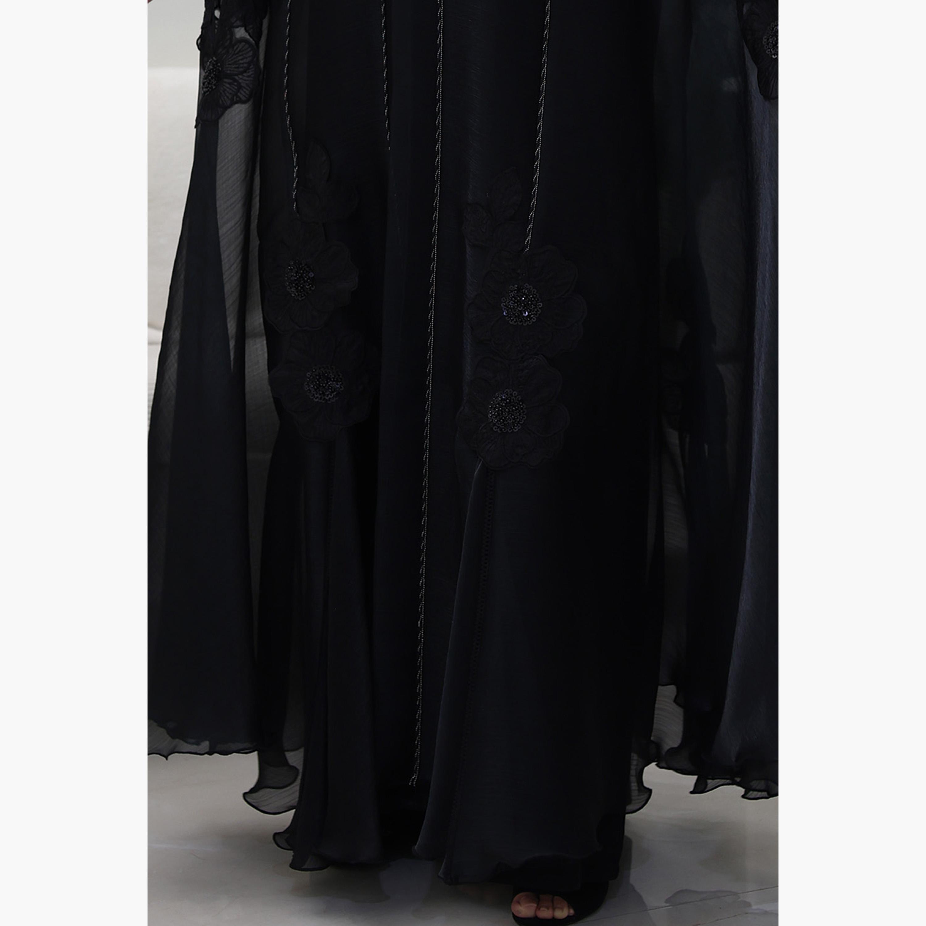 Nukhbaa Black Beaded Cape Sleeves Nida Women's Evening Abaya-women-arabicclothing-abayas-image-3