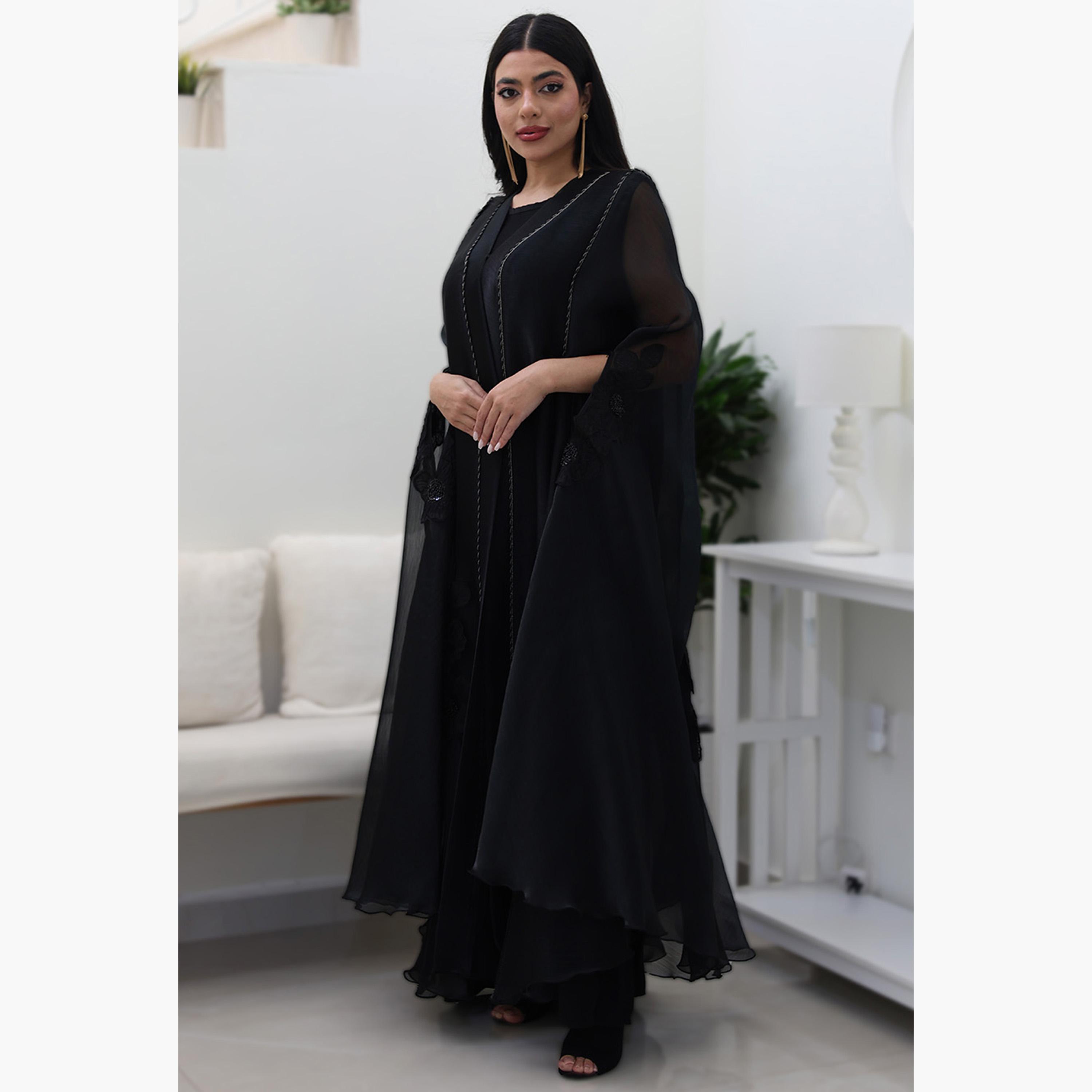 Nukhbaa Black Beaded Cape Sleeves Nida Women's Evening Abaya-women-arabicclothing-abayas-image-4