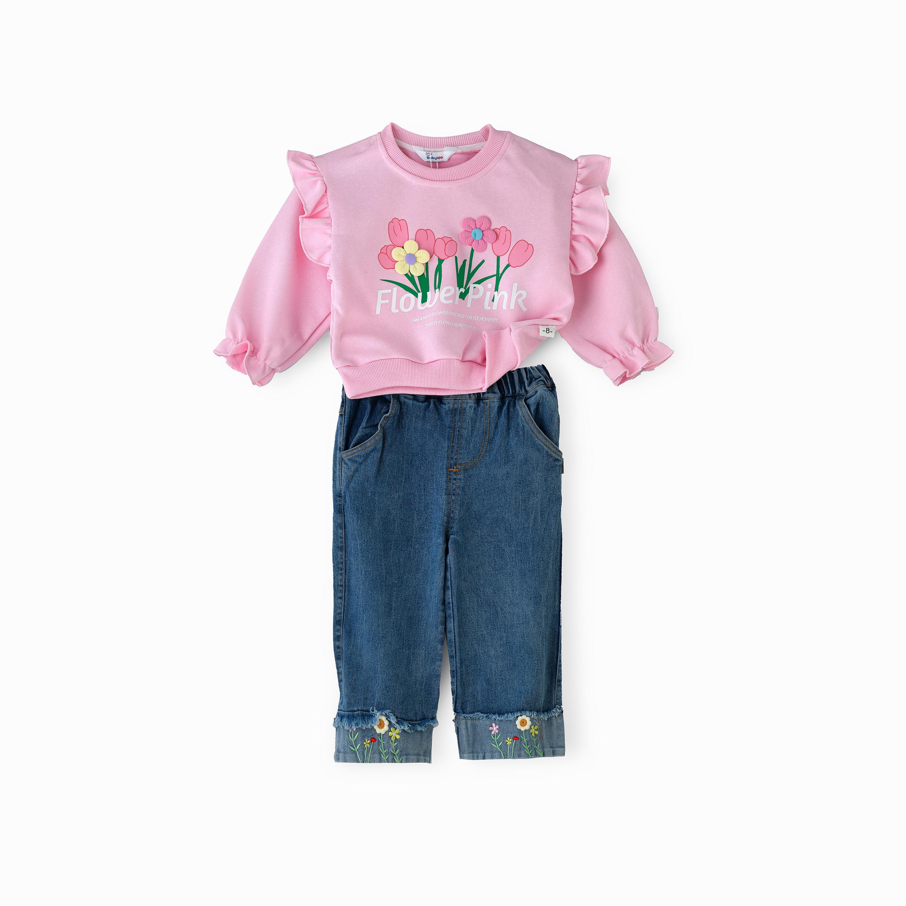 Babyqlo 2-Piece Floral Printed Long Sleeves Sweatshirt with Jeans-baby-girls-clothing-setsandcoords-image-1