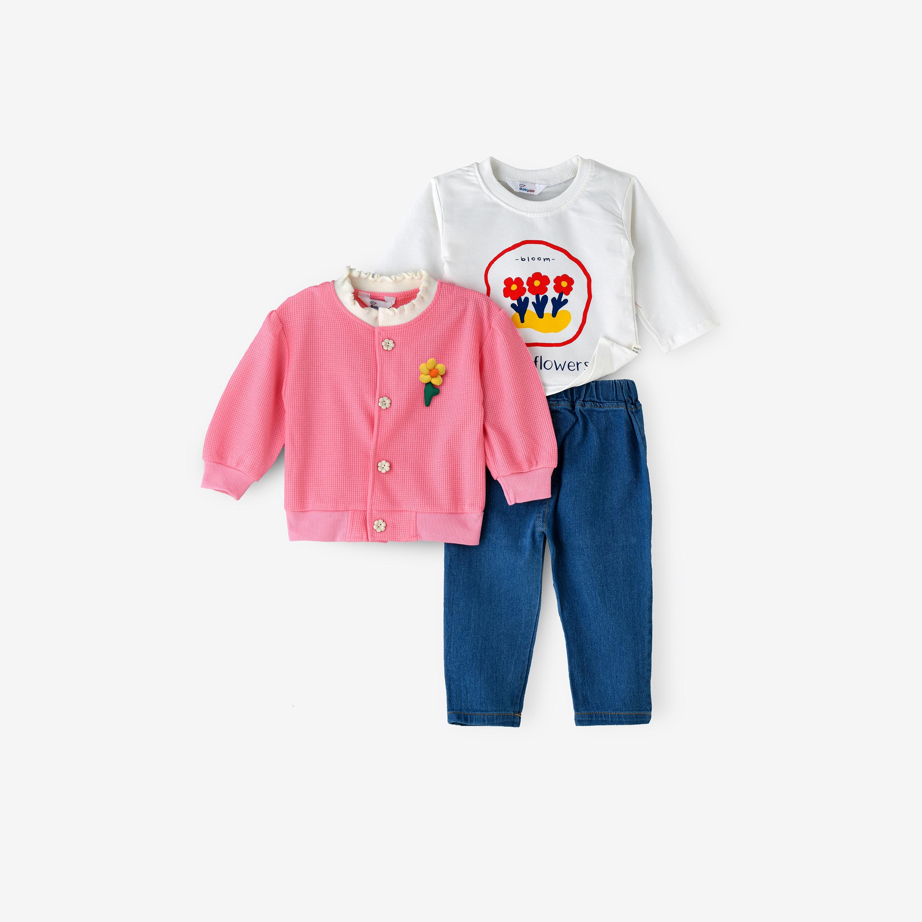 تي شيرت بأكمام طويلة وطبعة زهور 3 قطع مع كارديجان مع بنطلون جينز من بيبيكلو-baby-girls-clothing-setsandcoords-image-1