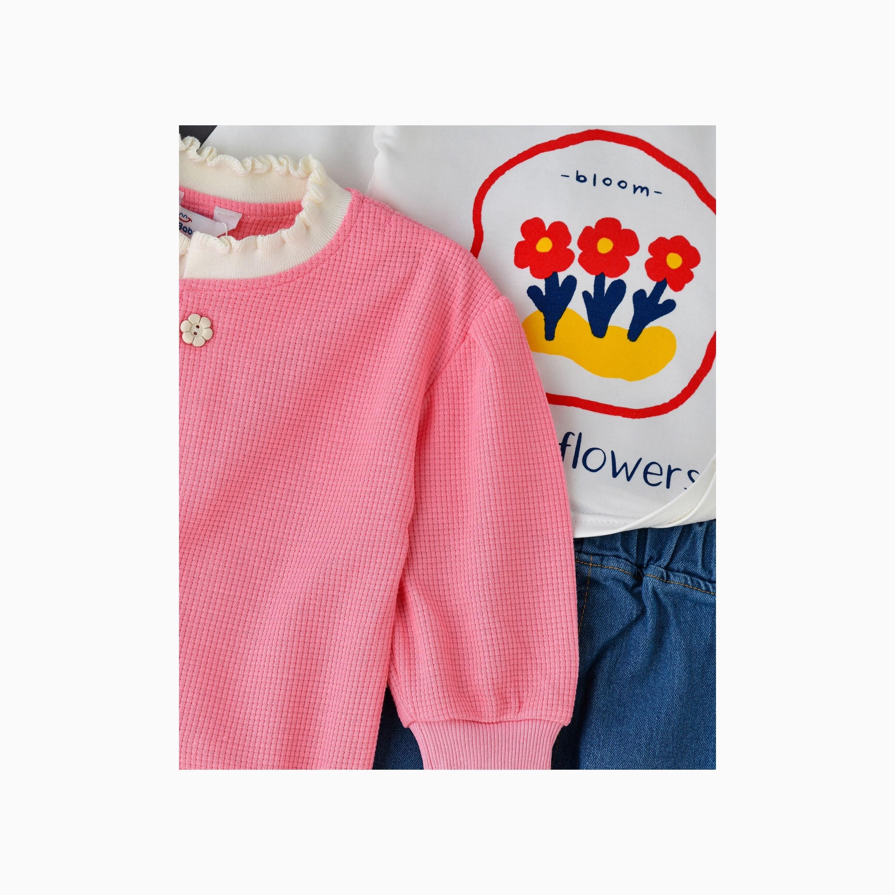 تي شيرت بأكمام طويلة وطبعة زهور 3 قطع مع كارديجان مع بنطلون جينز من بيبيكلو-baby-girls-clothing-setsandcoords-image-2