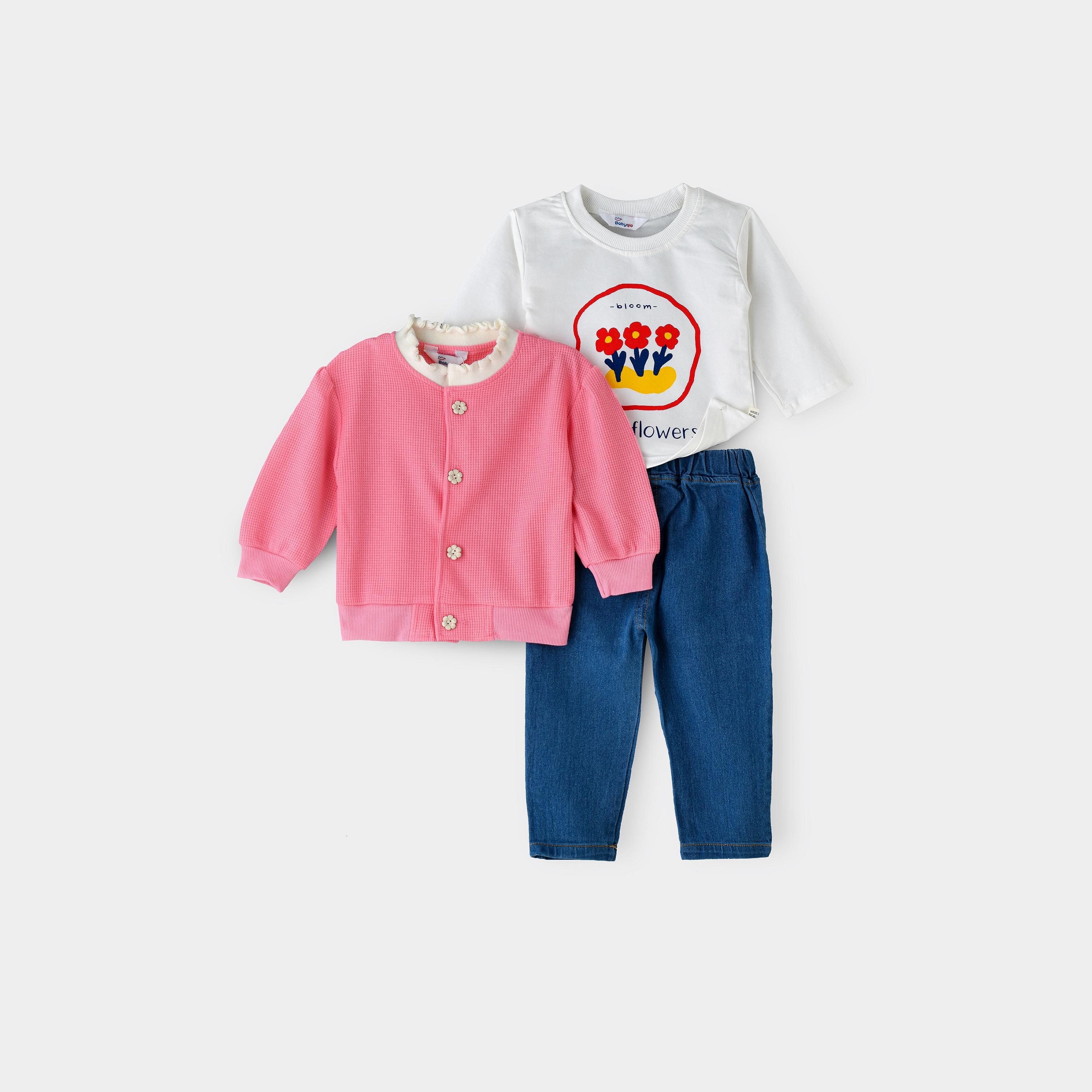 تي شيرت بأكمام طويلة وطبعة زهور 3 قطع مع كارديجان مع بنطلون جينز من بيبيكلو-baby-girls-clothing-setsandcoords-image-5