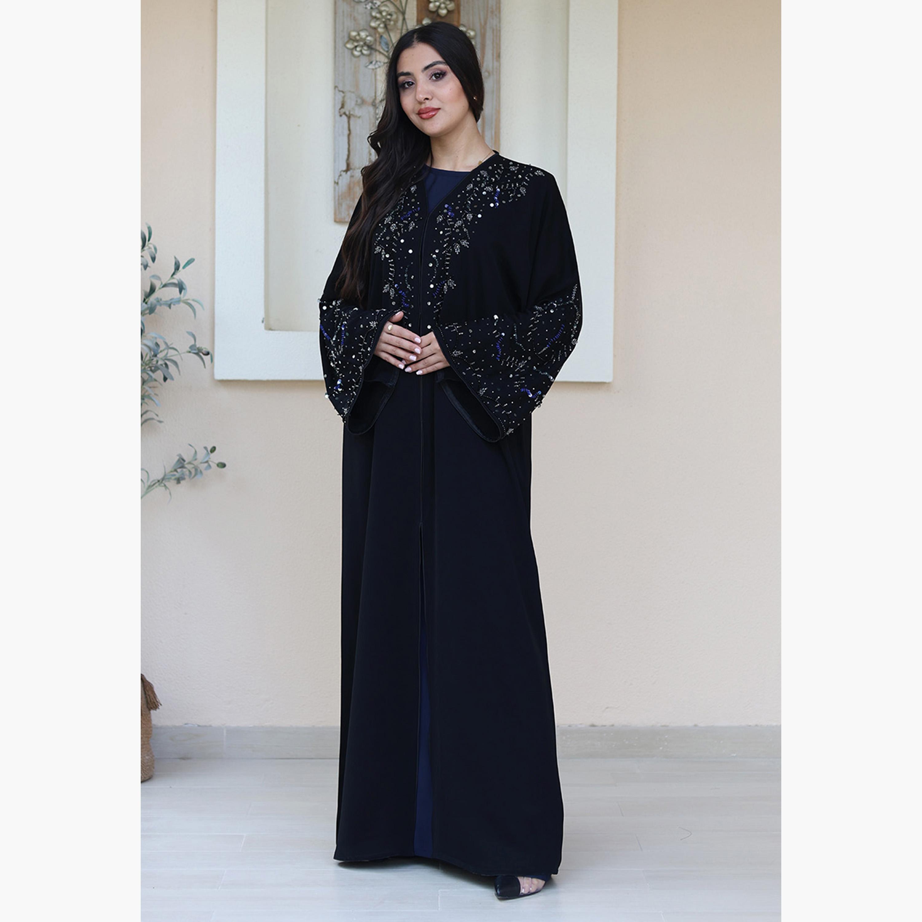 Nukhbaa Black Beaded Flared Sleeves Nida Women's Evening Abaya-women-arabicclothing-abayas-image-1