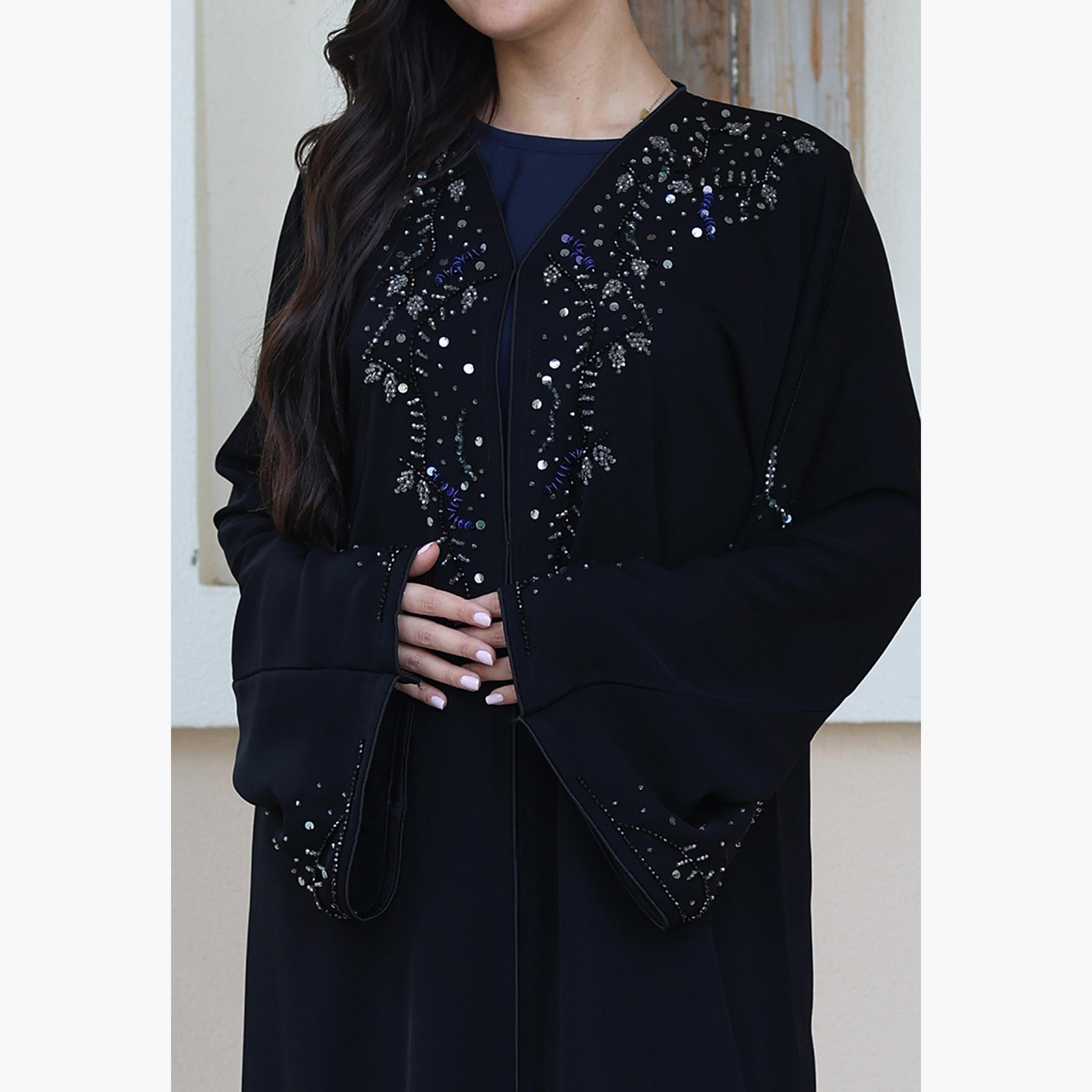 Nukhbaa Black Beaded Flared Sleeves Nida Women's Evening Abaya-women-arabicclothing-abayas-image-2