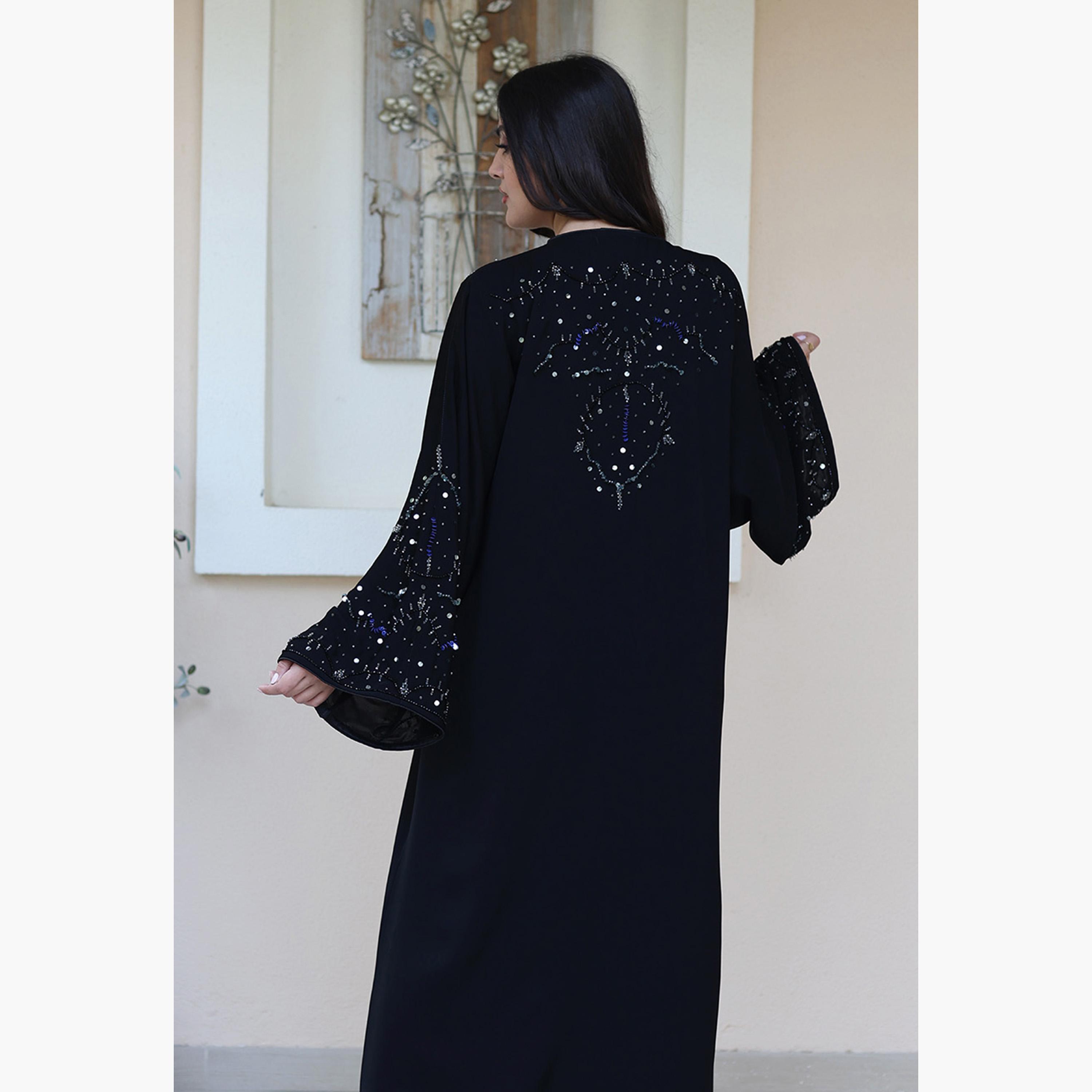 Nukhbaa Black Beaded Flared Sleeves Nida Women's Evening Abaya-women-arabicclothing-abayas-image-3