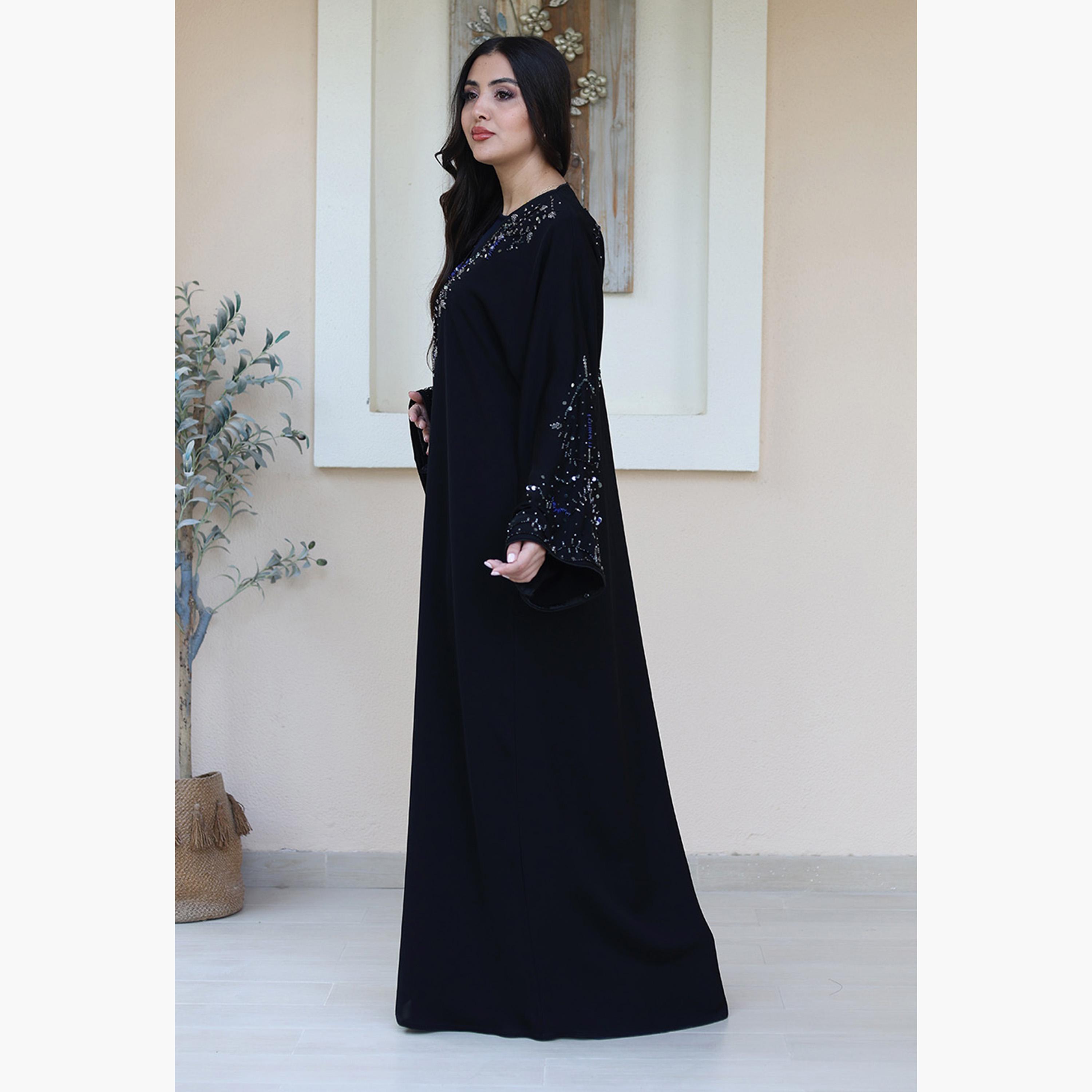 Nukhbaa Black Beaded Flared Sleeves Nida Women's Evening Abaya-women-arabicclothing-abayas-image-4