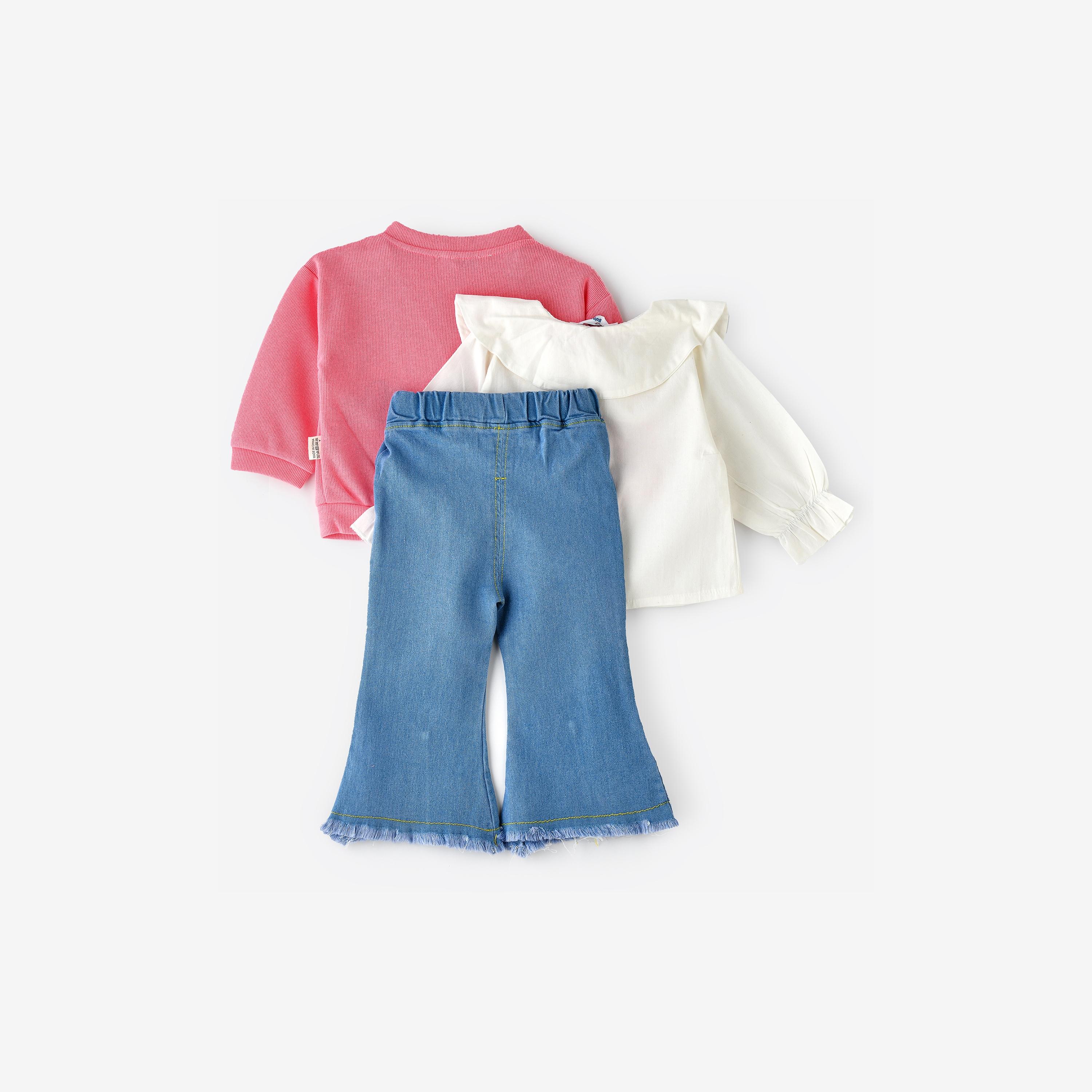 قميص مطرز بأكمام طويلة 3 قطع مع كارديجان مع بنطلون جينز من بيبيكلو-girls-clothing-winterwear-setsandcoords-image-3