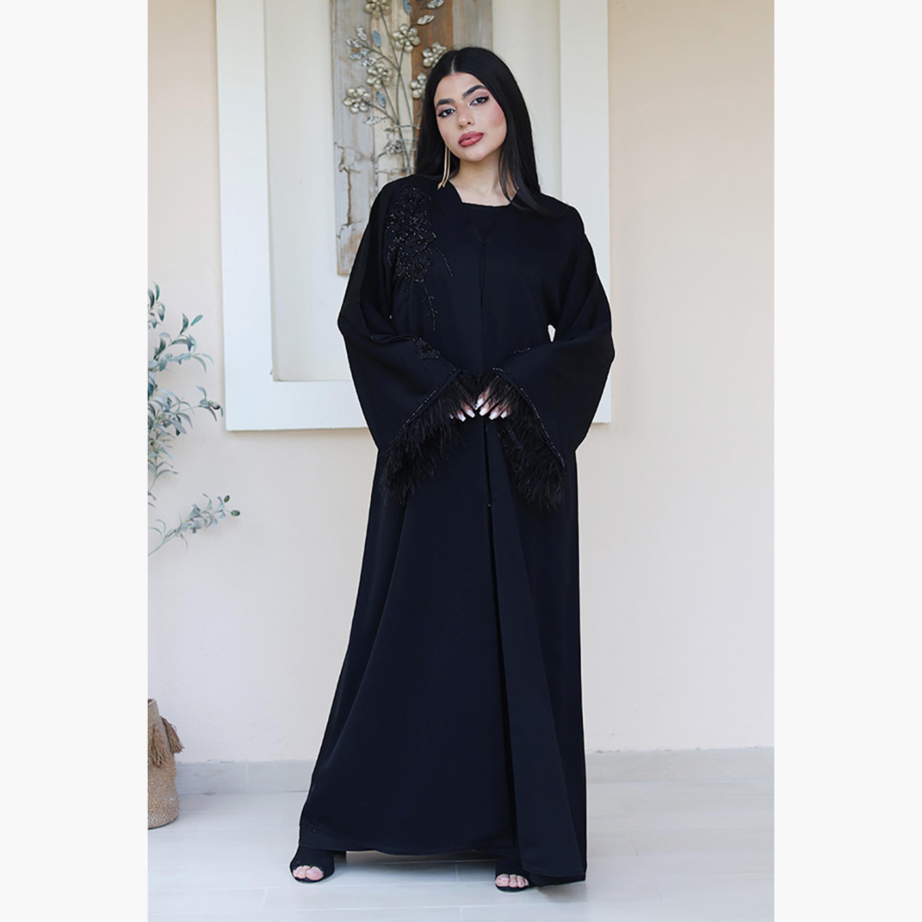 Nukhbaa Black Beaded Flared Sleeves Nida Women's Evening Abaya-women-arabicclothing-abayas-image-1