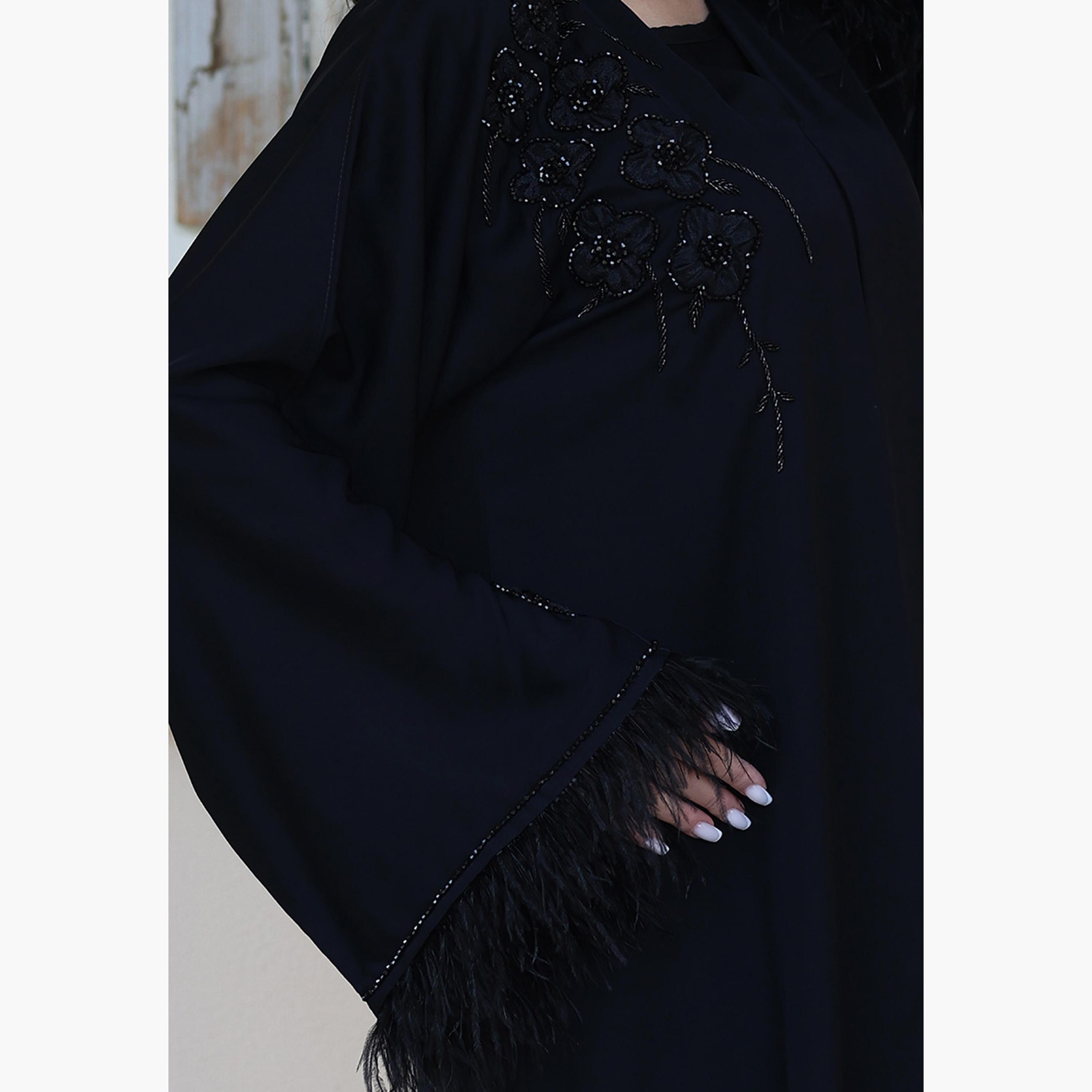 Nukhbaa Black Beaded Flared Sleeves Nida Women's Evening Abaya-women-arabicclothing-abayas-image-2