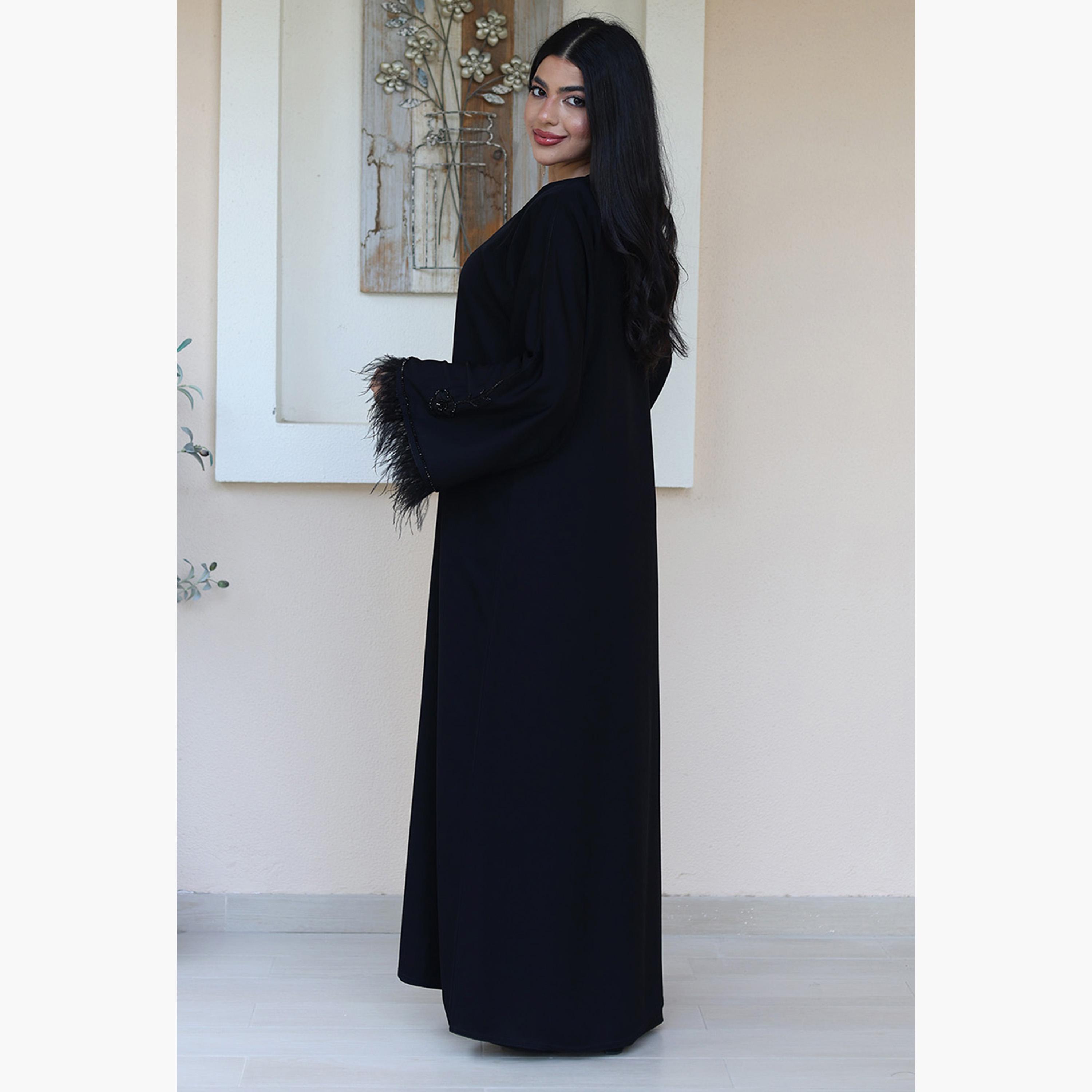 Nukhbaa Black Beaded Flared Sleeves Nida Women's Evening Abaya-women-arabicclothing-abayas-image-3