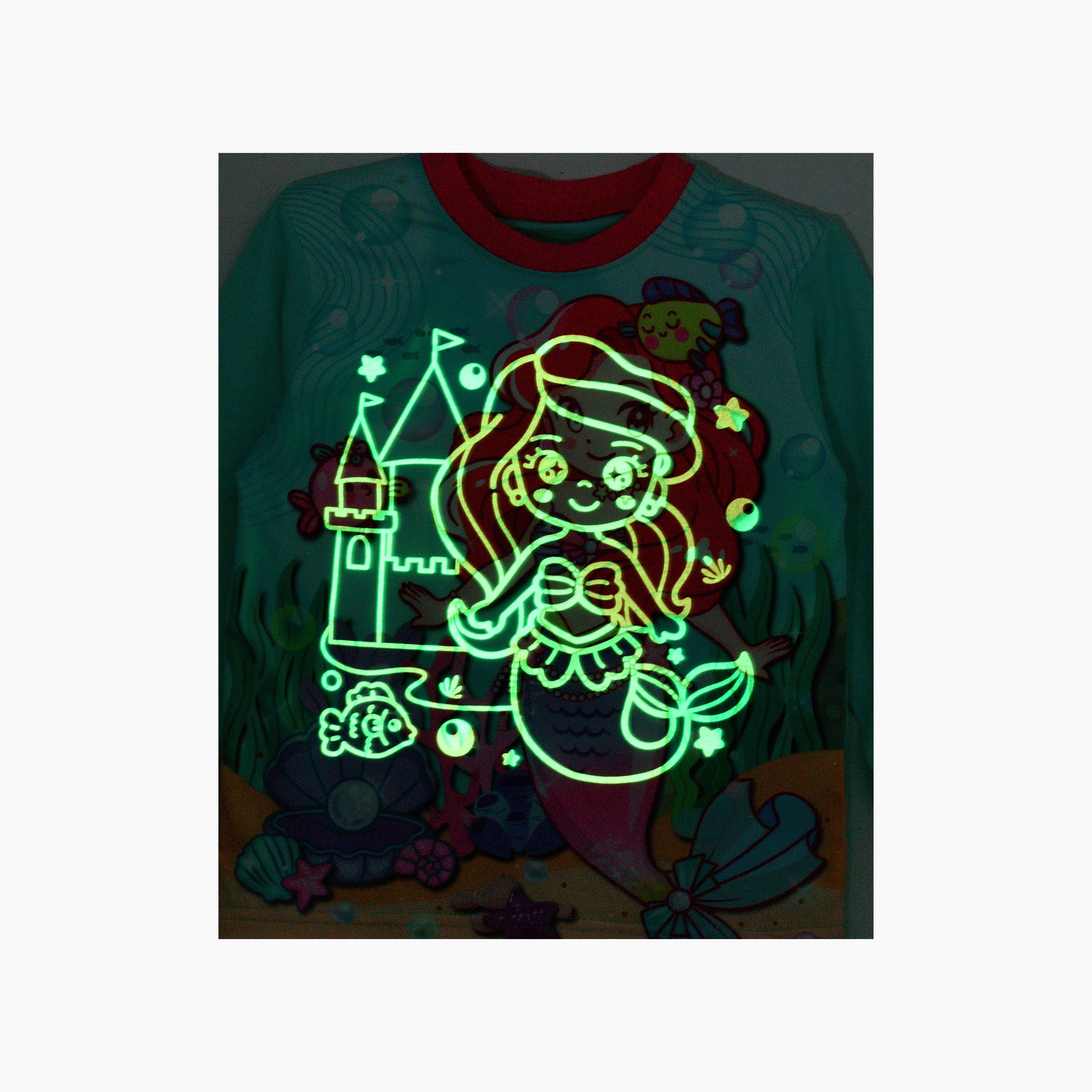 Babyqlo 2-Piece Mermaid Printed Glow-in-the-Dark T-Shirt with Joggers-girls-clothing-nightwear-image-3
