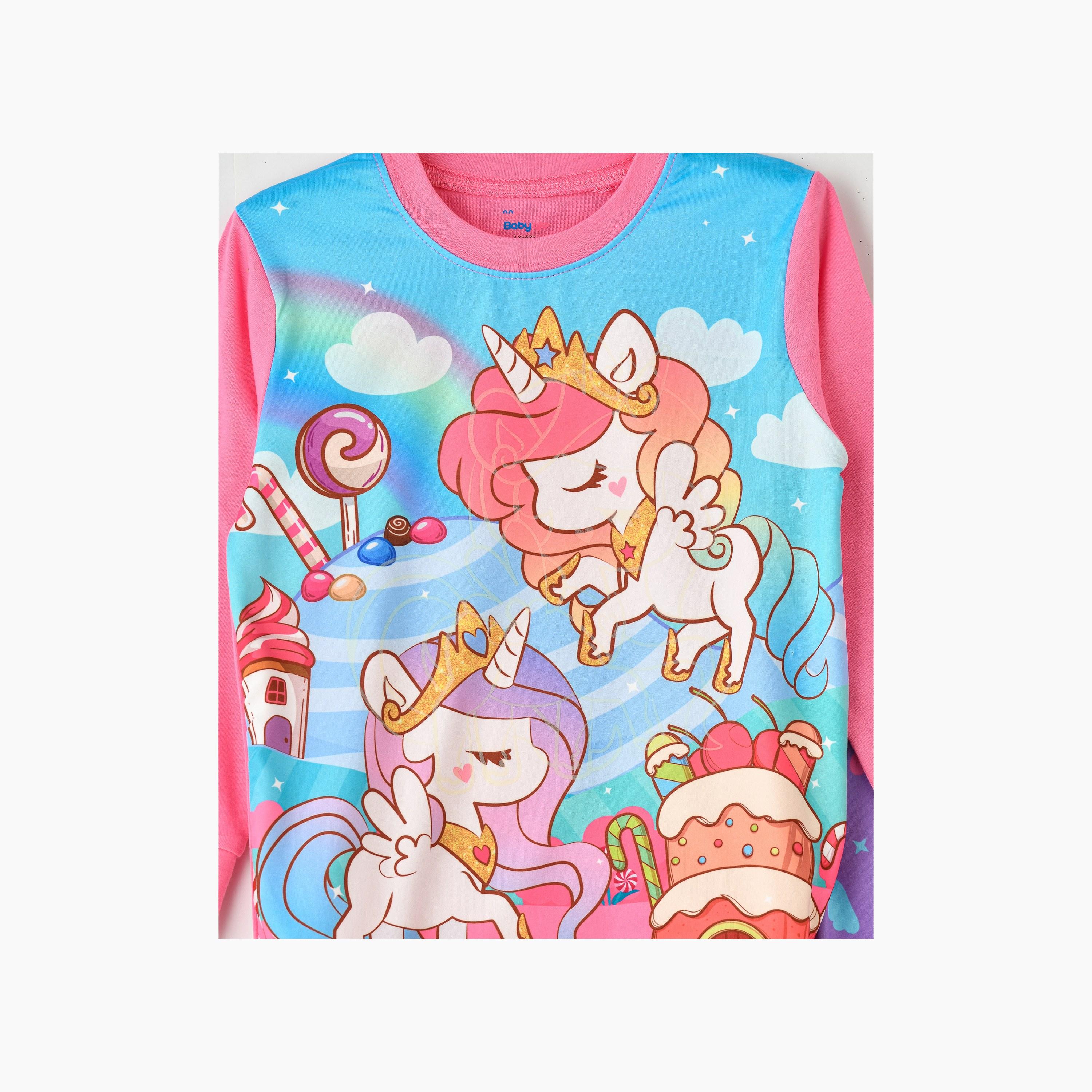 تي شيرت قطعتين بطبعة يونيكورن كانديلاند ومتوهج في الظلام مع بنطلون ركض من بيبيكلو-girls-clothing-nightwear-image-4