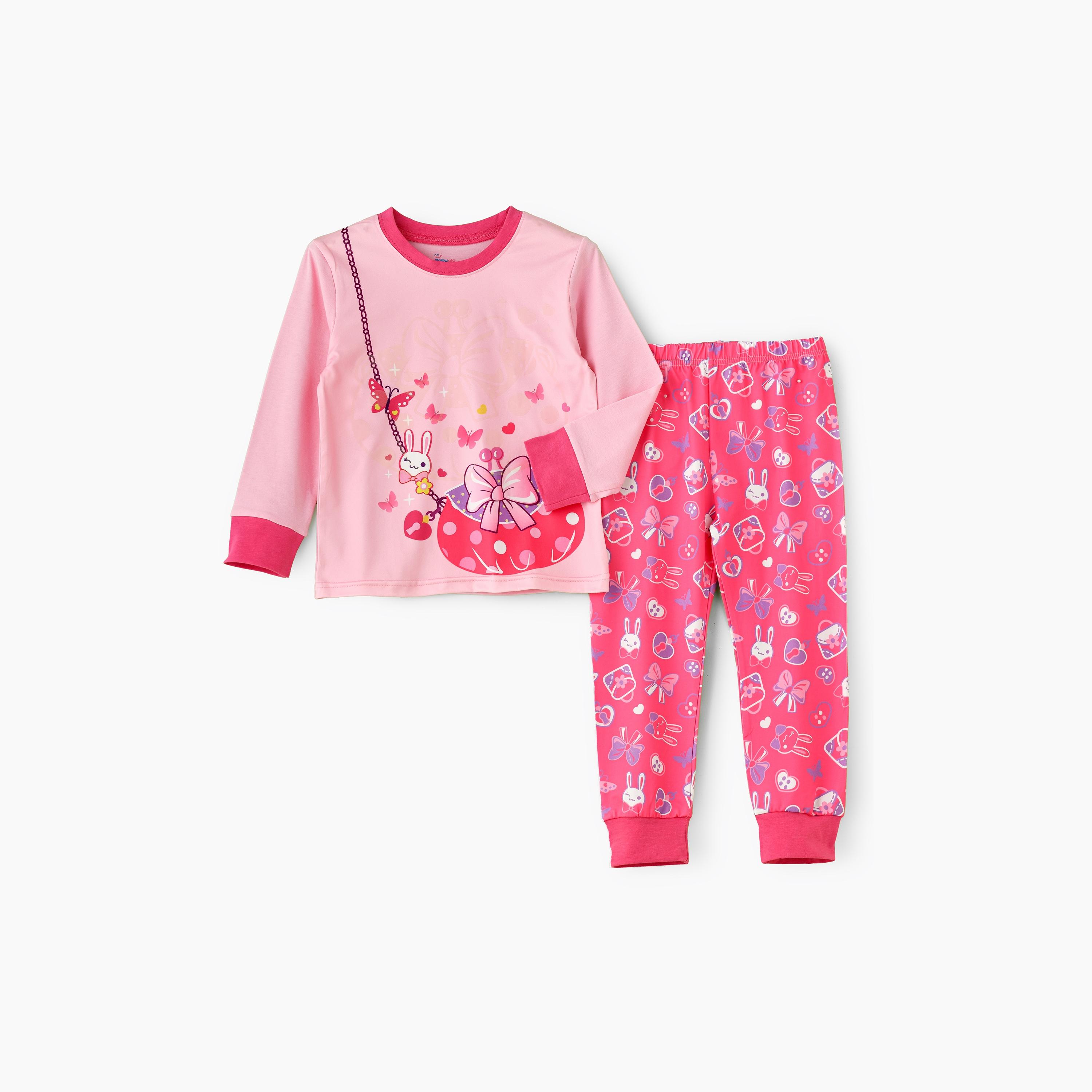 Babyqlo 2-Piece Happy Bunny Printed Glow-in-the-Dark T-Shirt with Joggers-girls-clothing-nightwear-image-1