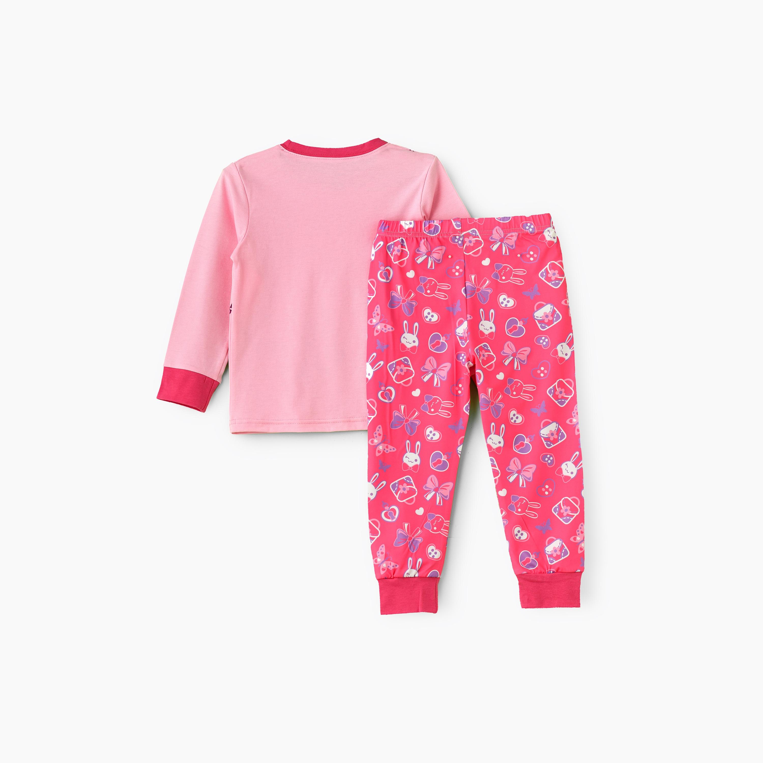Babyqlo 2-Piece Happy Bunny Printed Glow-in-the-Dark T-Shirt with Joggers-girls-clothing-nightwear-image-2