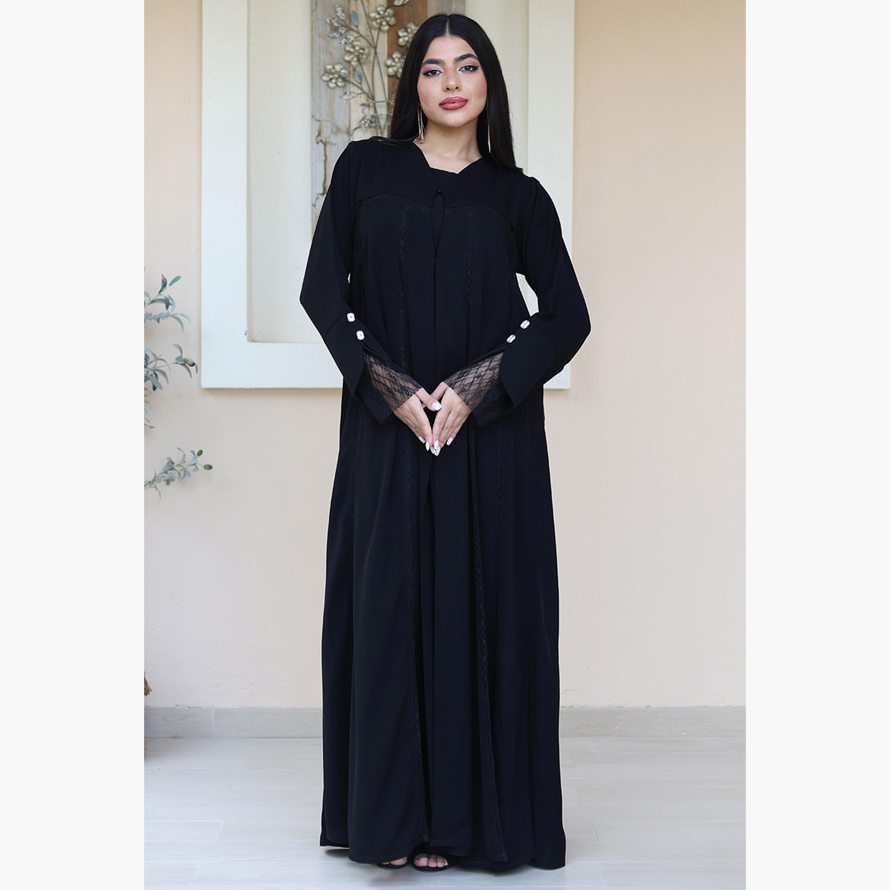 Nukhbaa Black Lace Detailed Cuffed Sleeves Nida Women's Flowy Abaya-women-arabicclothing-abayas-image-1