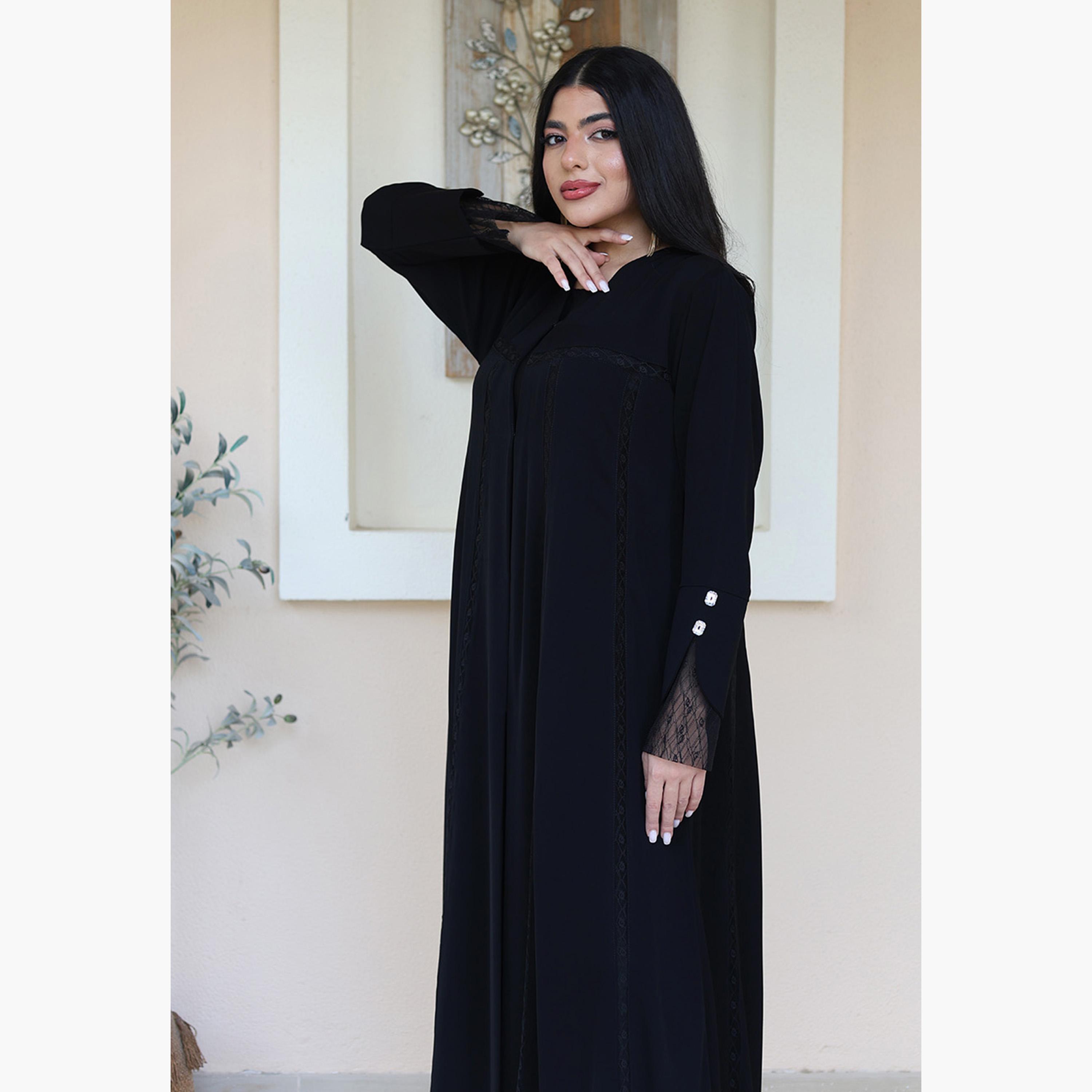 Nukhbaa Black Lace Detailed Cuffed Sleeves Nida Women's Flowy Abaya-women-arabicclothing-abayas-image-2
