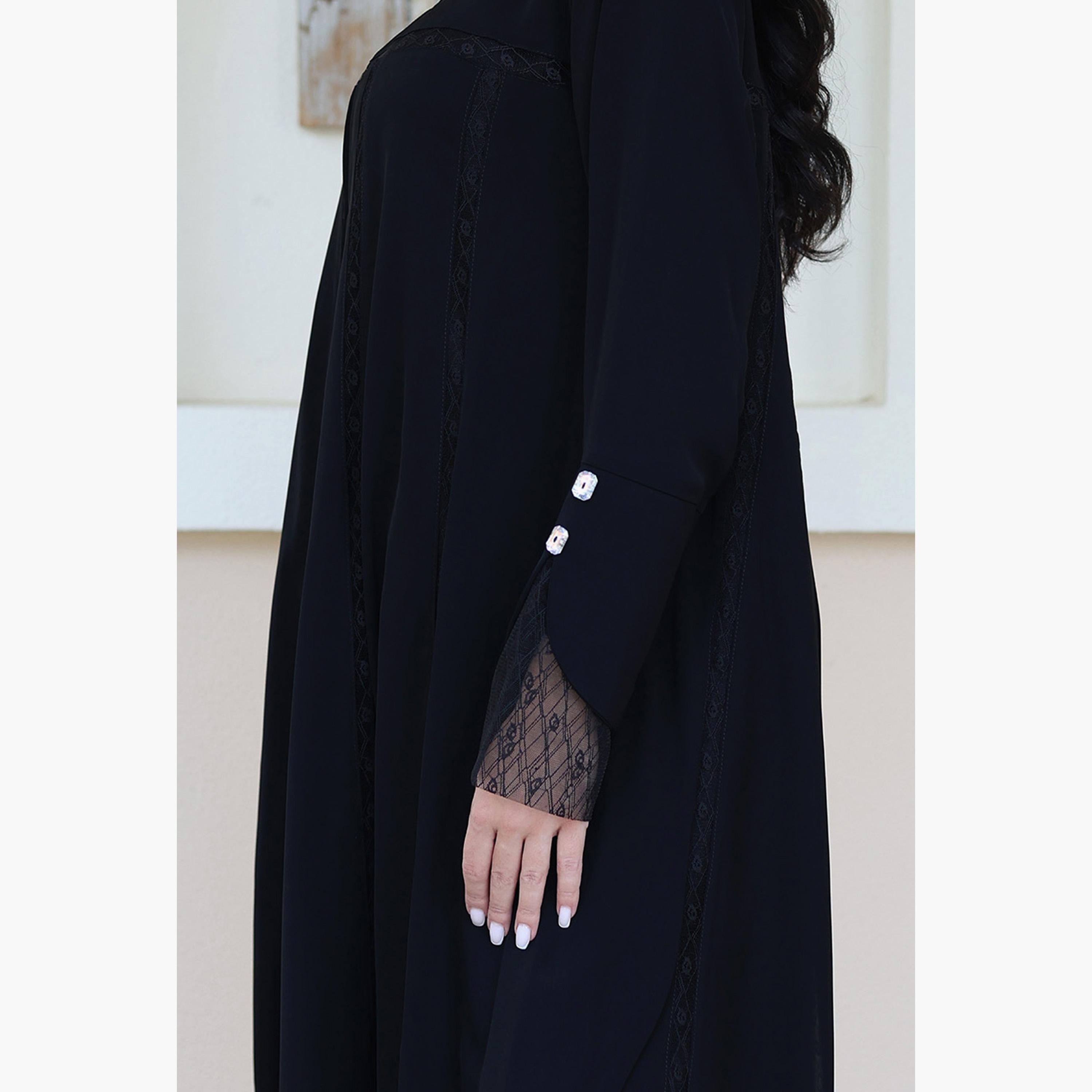 Nukhbaa Black Lace Detailed Cuffed Sleeves Nida Women's Flowy Abaya-women-arabicclothing-abayas-image-3