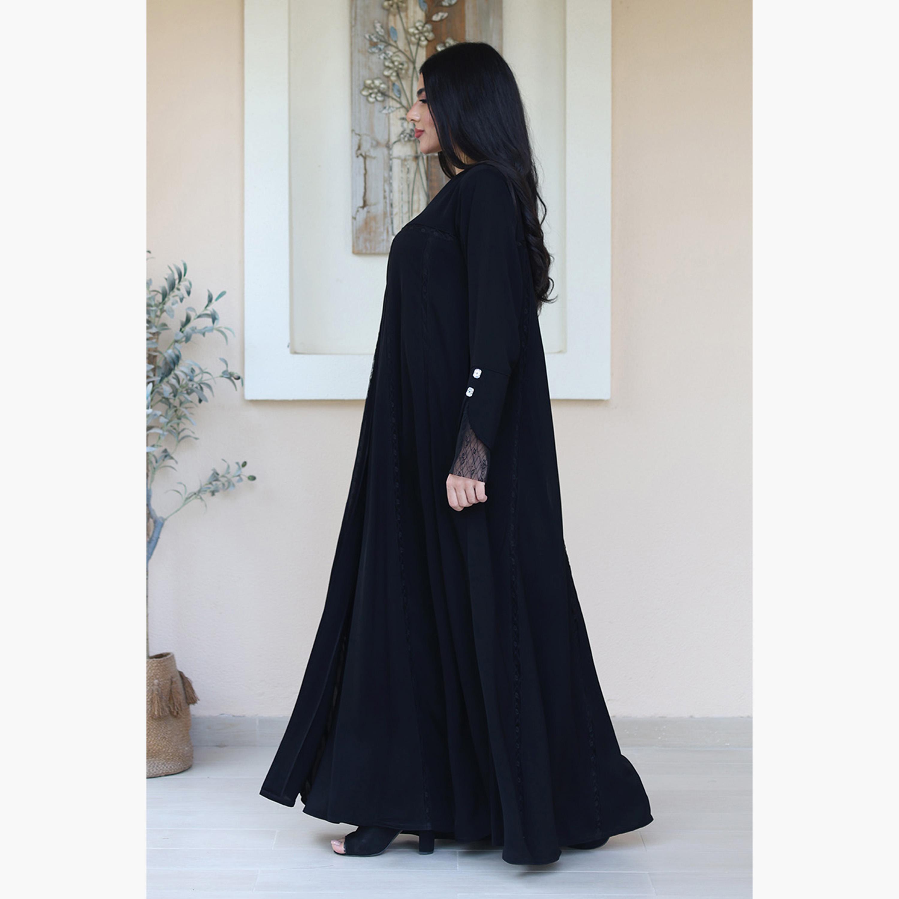 Nukhbaa Black Lace Detailed Cuffed Sleeves Nida Women's Flowy Abaya-women-arabicclothing-abayas-image-4