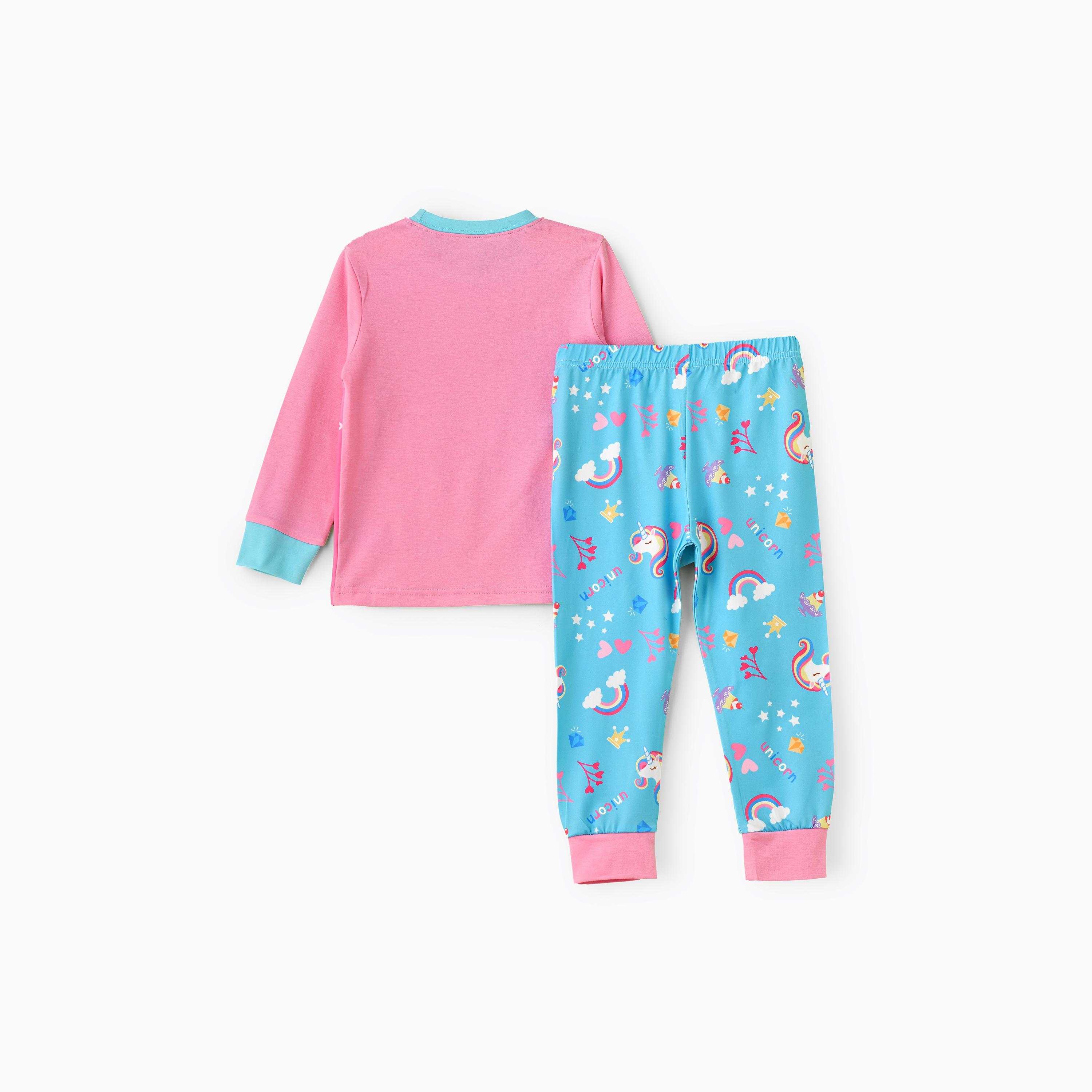 Babyqlo 2-Piece Unicorn & Fairy Printed Glow-in-the-Dark T-Shirt with Joggers-girls-clothing-nightwear-image-2