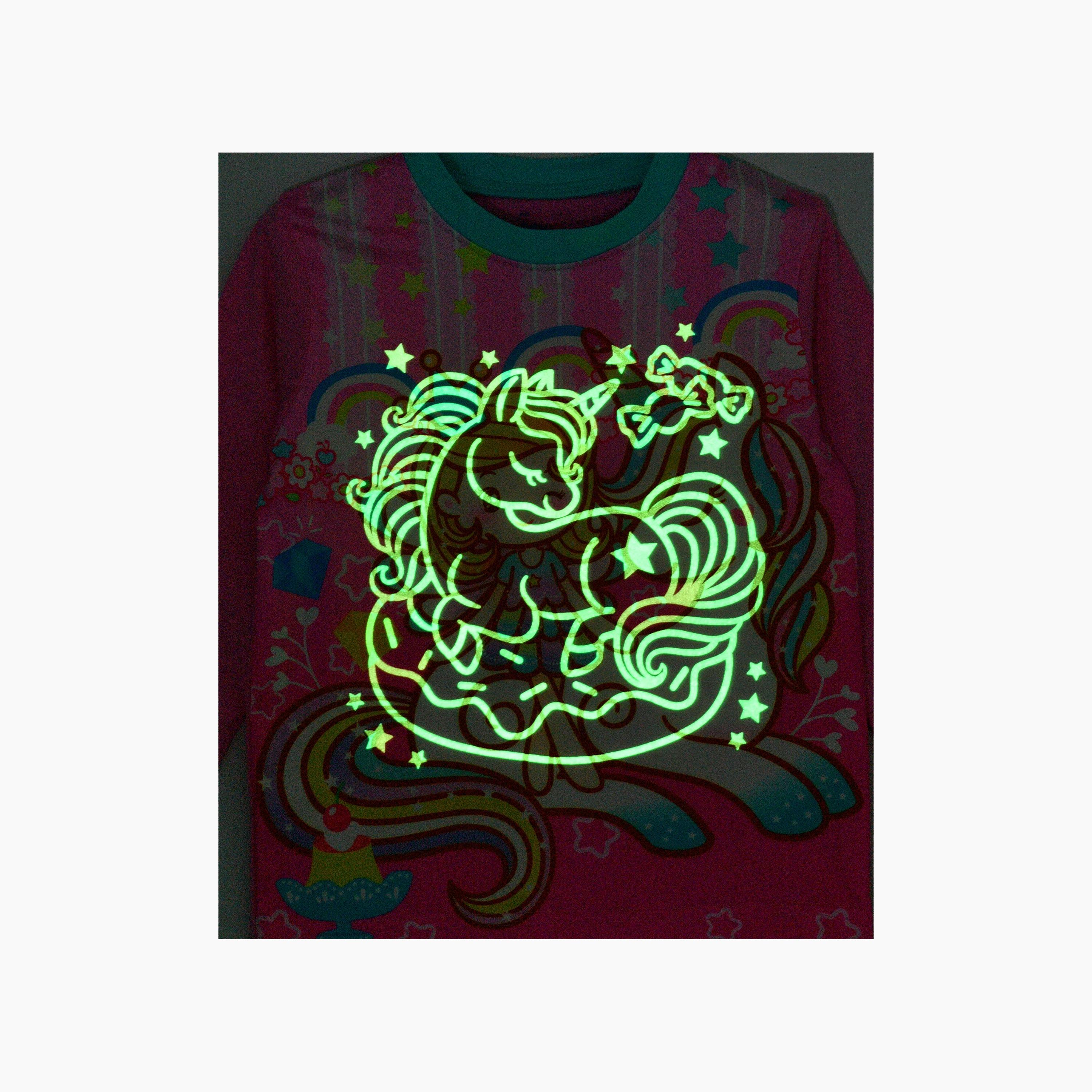 Babyqlo 2-Piece Unicorn & Fairy Printed Glow-in-the-Dark T-Shirt with Joggers-girls-clothing-nightwear-image-3