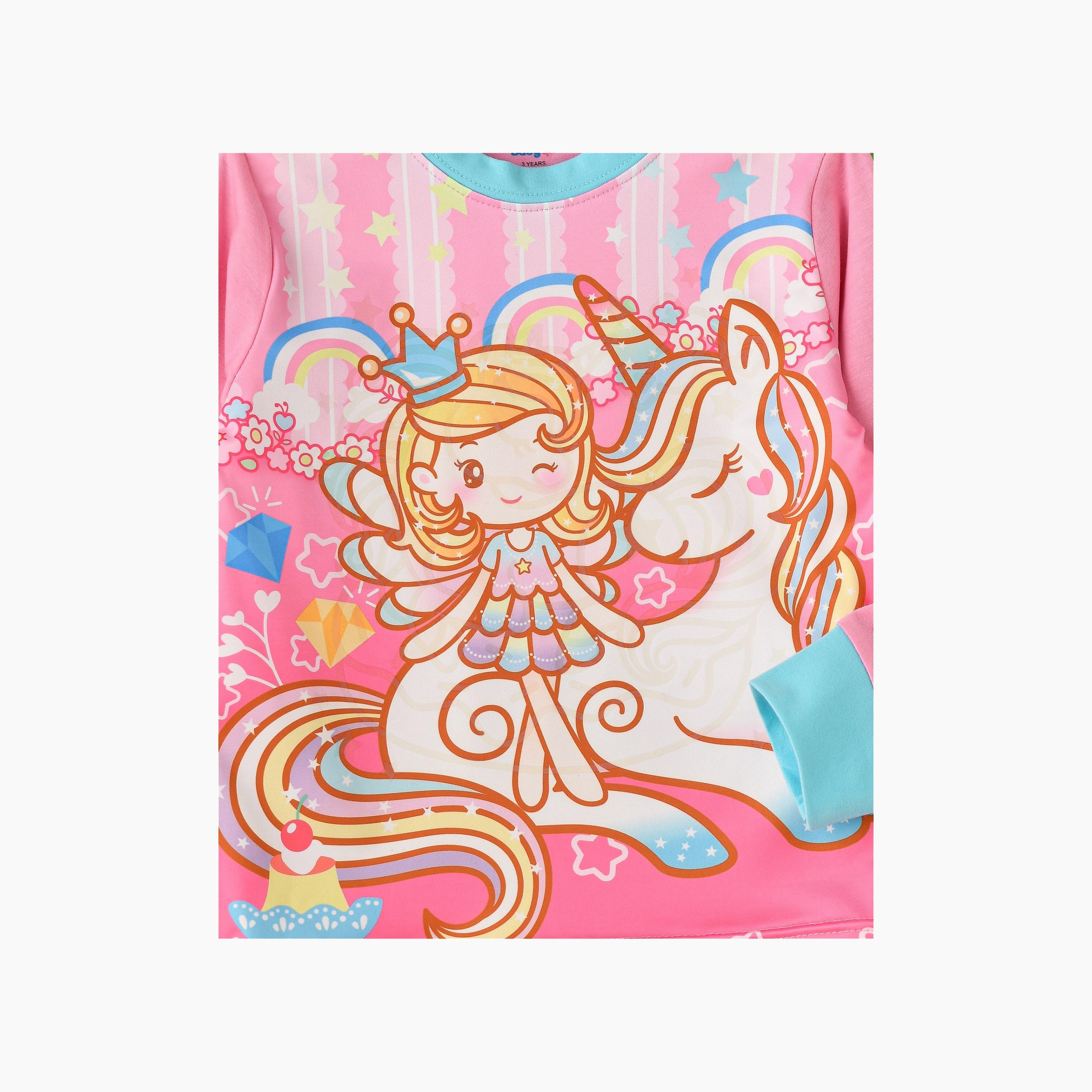 Babyqlo 2-Piece Unicorn & Fairy Printed Glow-in-the-Dark T-Shirt with Joggers-girls-clothing-nightwear-image-4