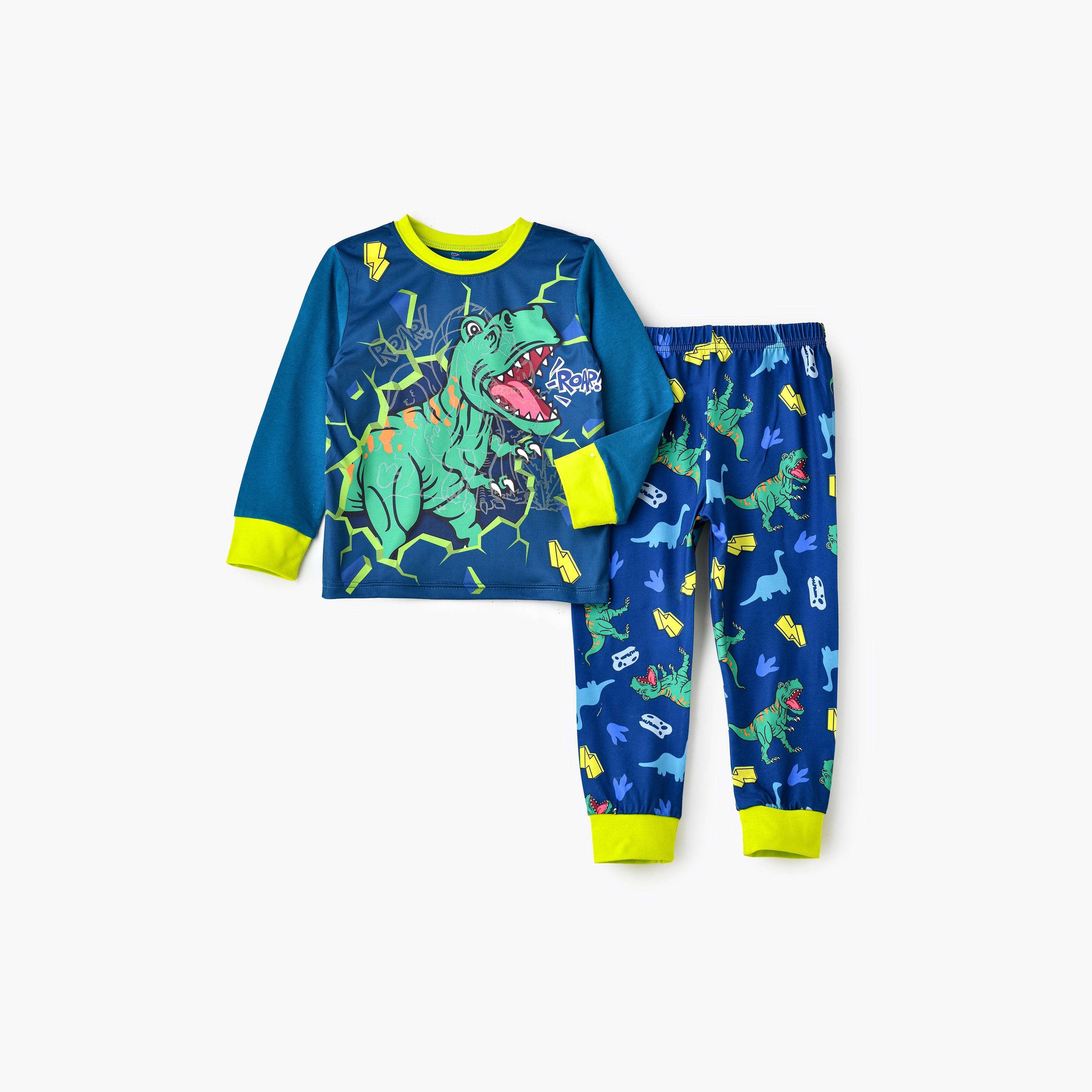 Babyqlo 2-Piece Roaring Dinosaur Printed Glow-in-the-Dark T-Shirt with Joggers-boys-clothing-nightwear-image-1
