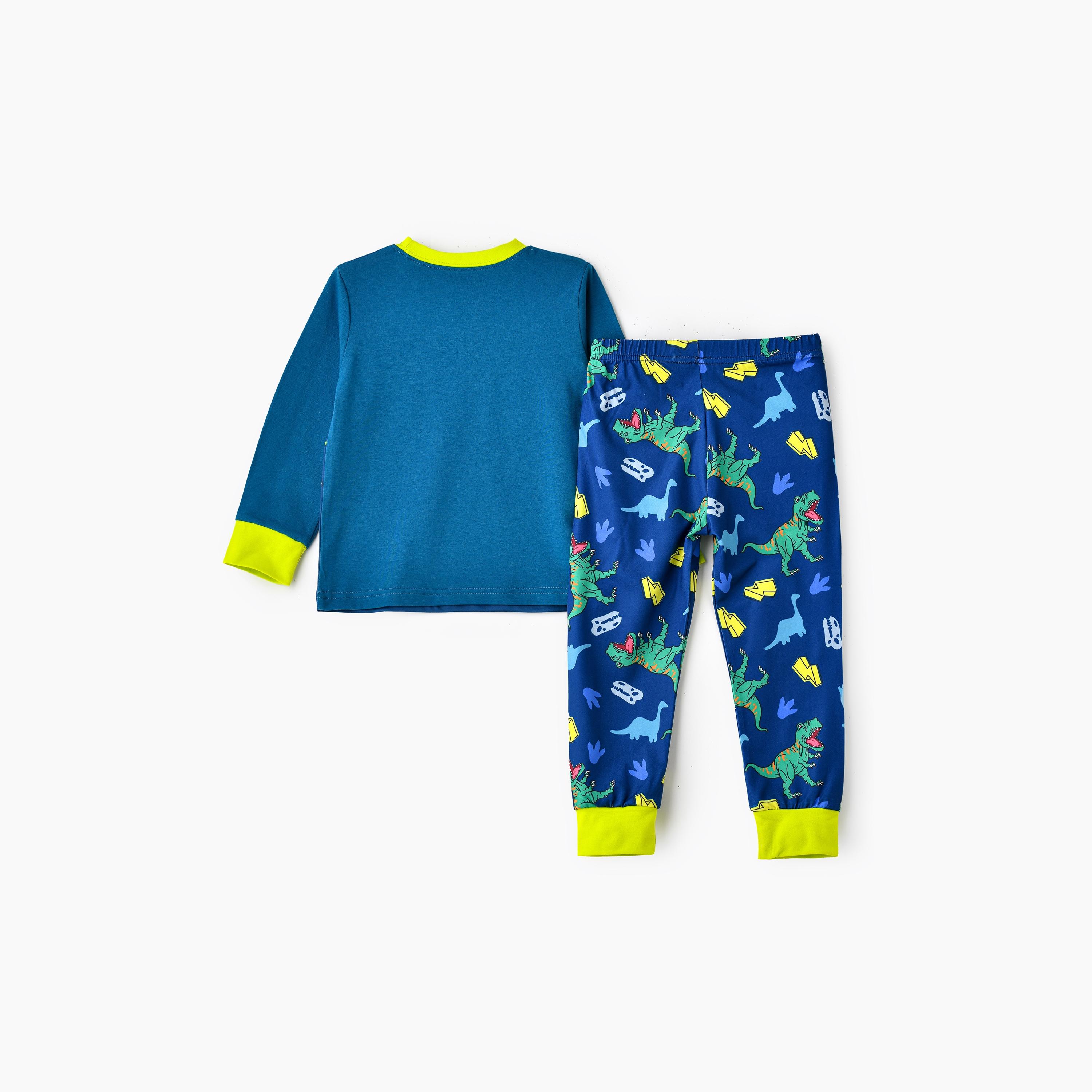Babyqlo 2-Piece Roaring Dinosaur Printed Glow-in-the-Dark T-Shirt with Joggers-boys-clothing-nightwear-image-2