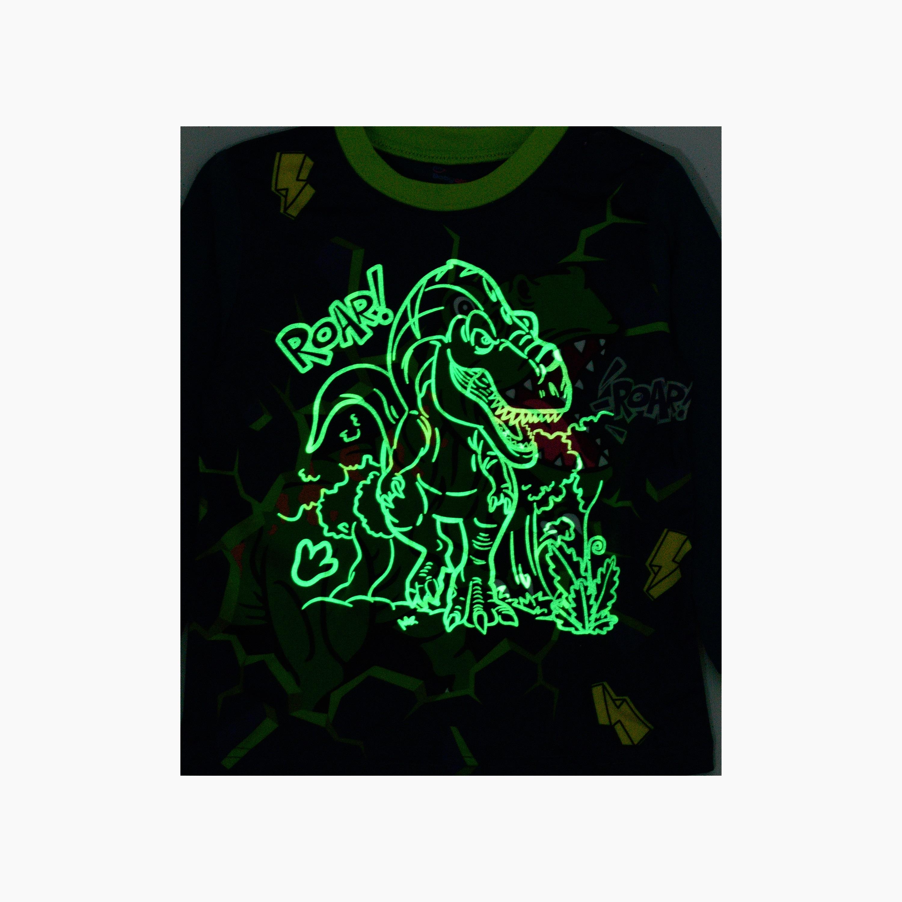 Babyqlo 2-Piece Roaring Dinosaur Printed Glow-in-the-Dark T-Shirt with Joggers-boys-clothing-nightwear-image-3