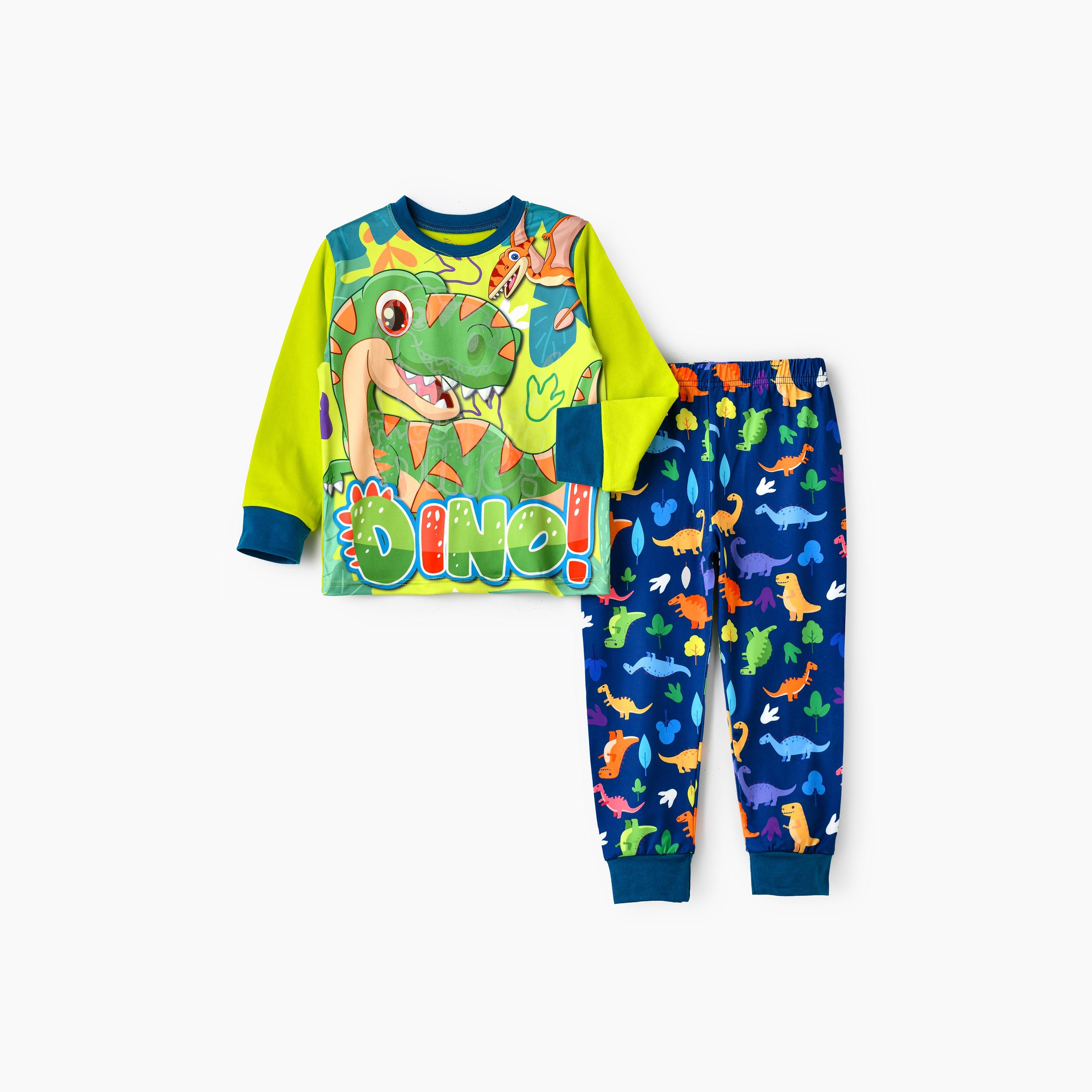 Babyqlo 2-Piece Happy Dino Printed Glow-in-the-Dark T-Shirt with Joggers-boys-clothing-nightwear-image-1