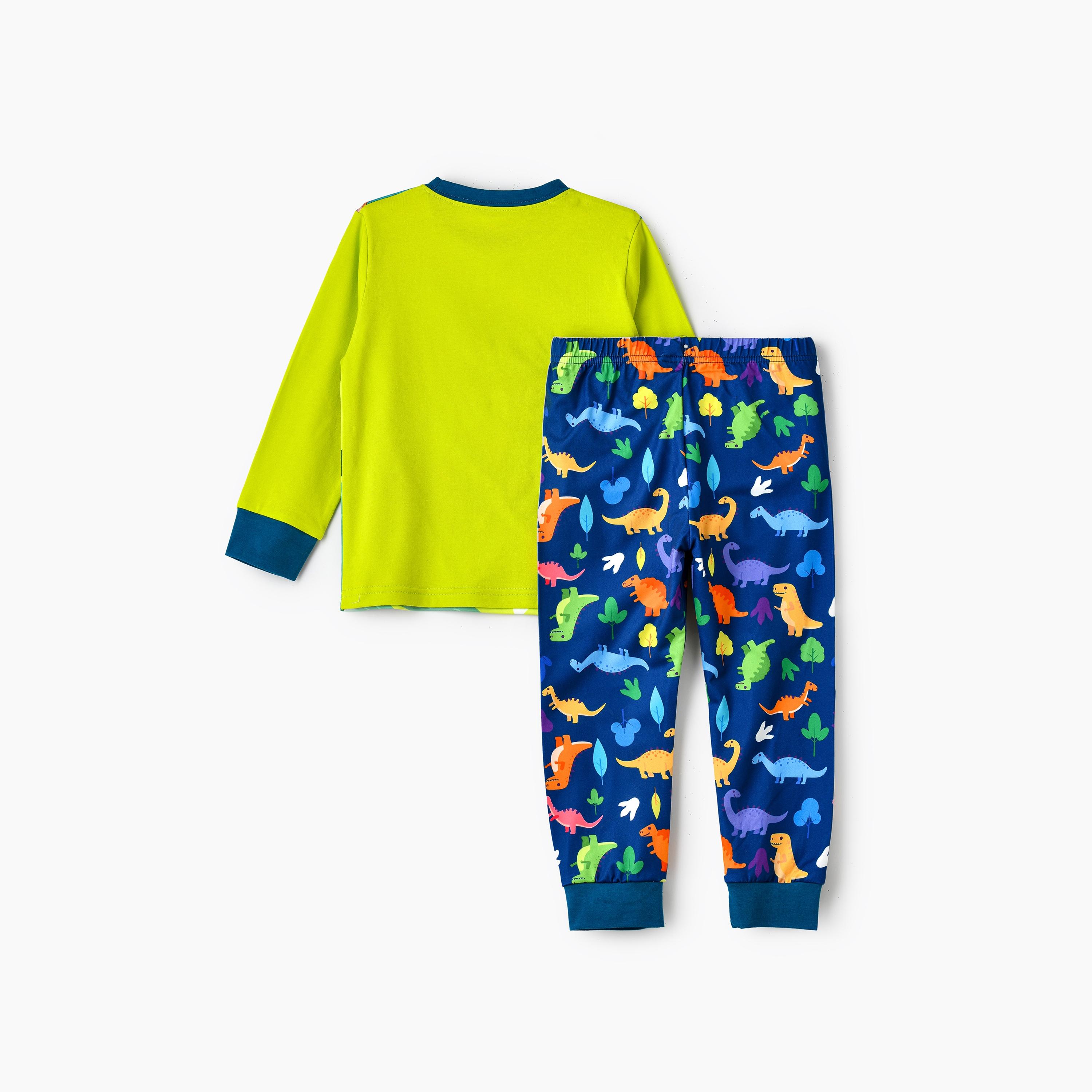 Babyqlo 2-Piece Happy Dino Printed Glow-in-the-Dark T-Shirt with Joggers-boys-clothing-nightwear-image-2