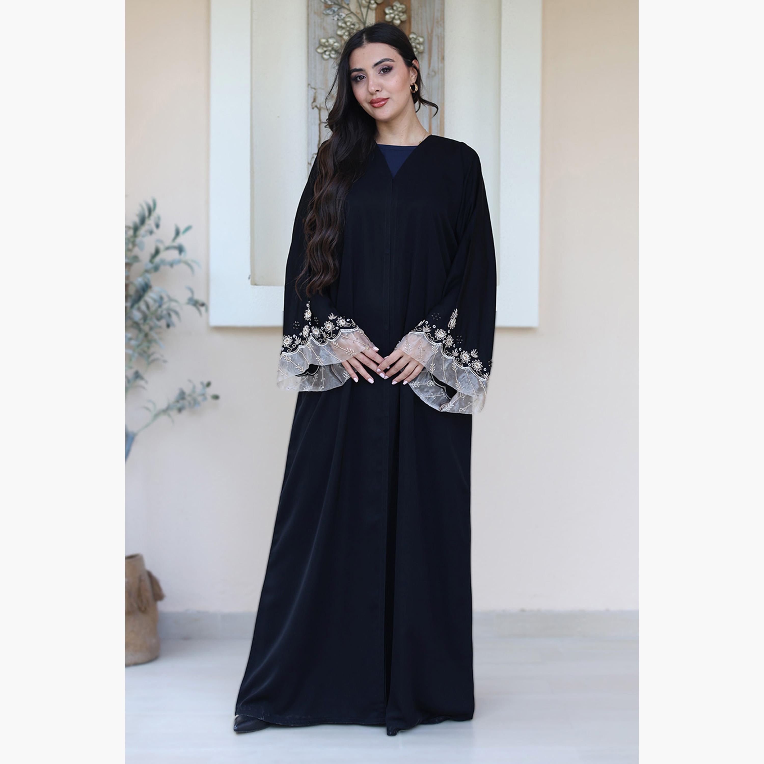عباءة سهرة نسائية سوداء مطرزة بالخرز من قماش نيدا بأكمام واسعة من نُخبة-women-arabicclothing-abayas-image-1
