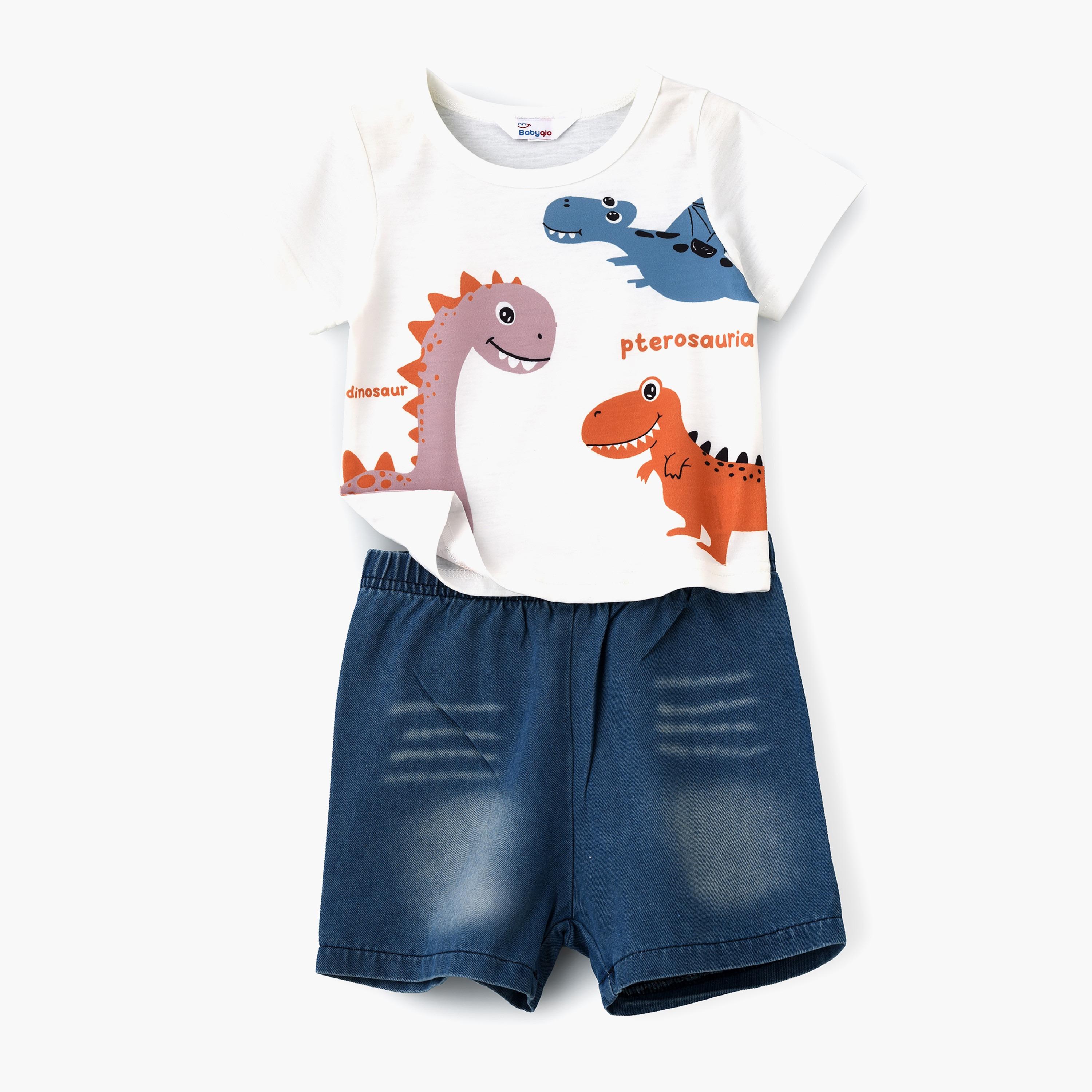 Babyqlo Dino Printed Short Sleeves T-Shirt with Shorts-boys-clothing-setsandcoords-image-1