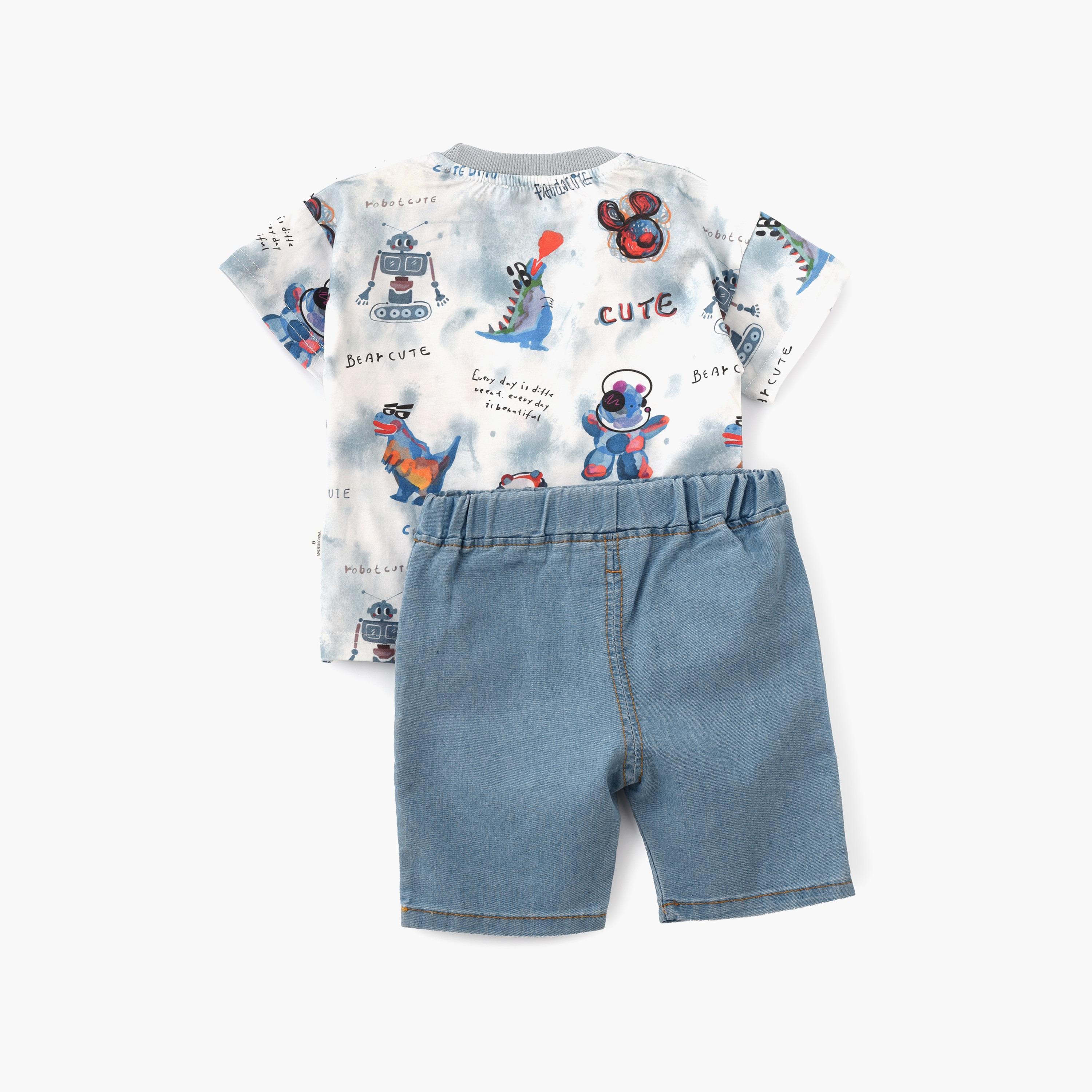تي شيرت بأكمام قصيرة وشورت بطبعة رسوم متحركة من بيبيكلو-boys-clothing-setsandcoords-image-2