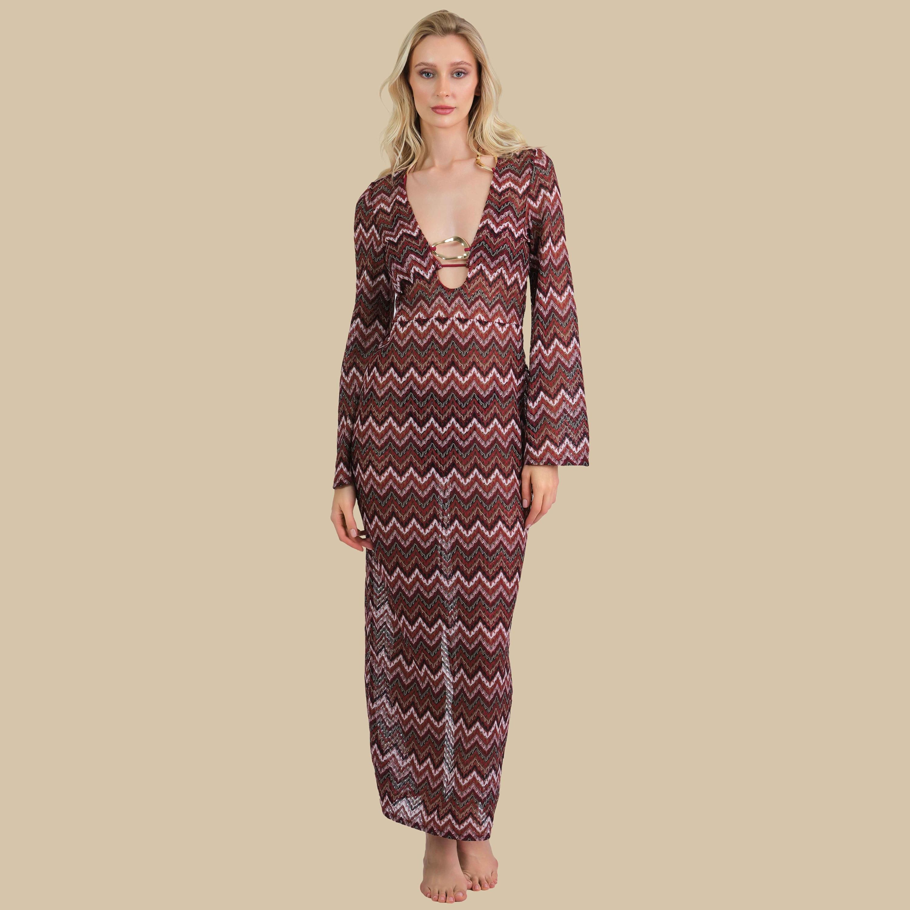 فستان نسائي بياقة V وأكمام طويلة بنقشة متعرجة من إيسلا اند إيفي-women-clothing-swimandbeach-coverups-image-1