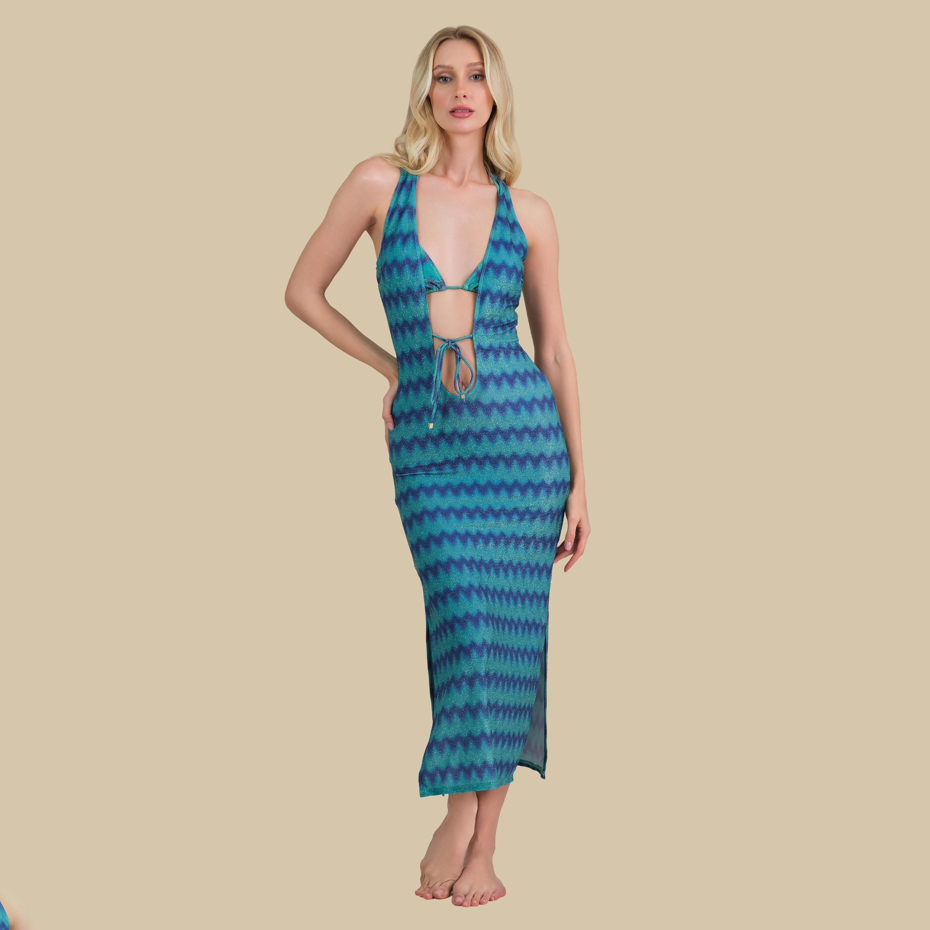 فستان نسائي بدون أكمام بياقة بلانج بنقشة متعرجة معدنية من إيسلا اند إيفي-women-clothing-swimandbeach-coverups-image-1