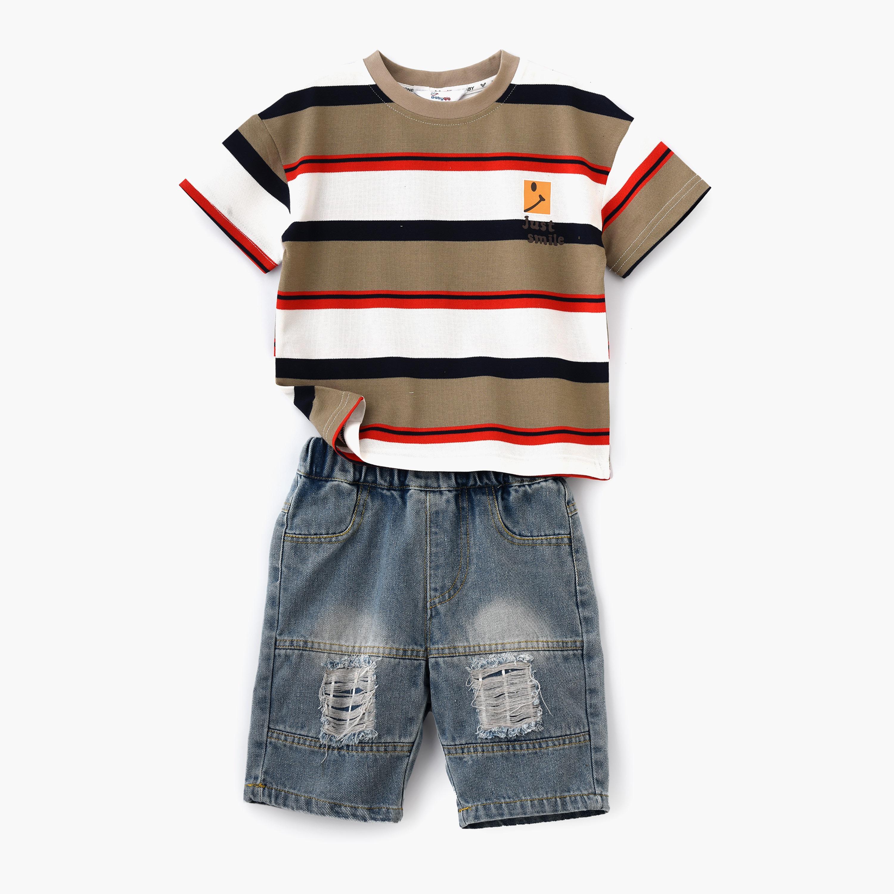تي شيرت مخطط بأكمام قصيرة مع شورت من بيبيكلو-boys-clothing-setsandcoords-image-1