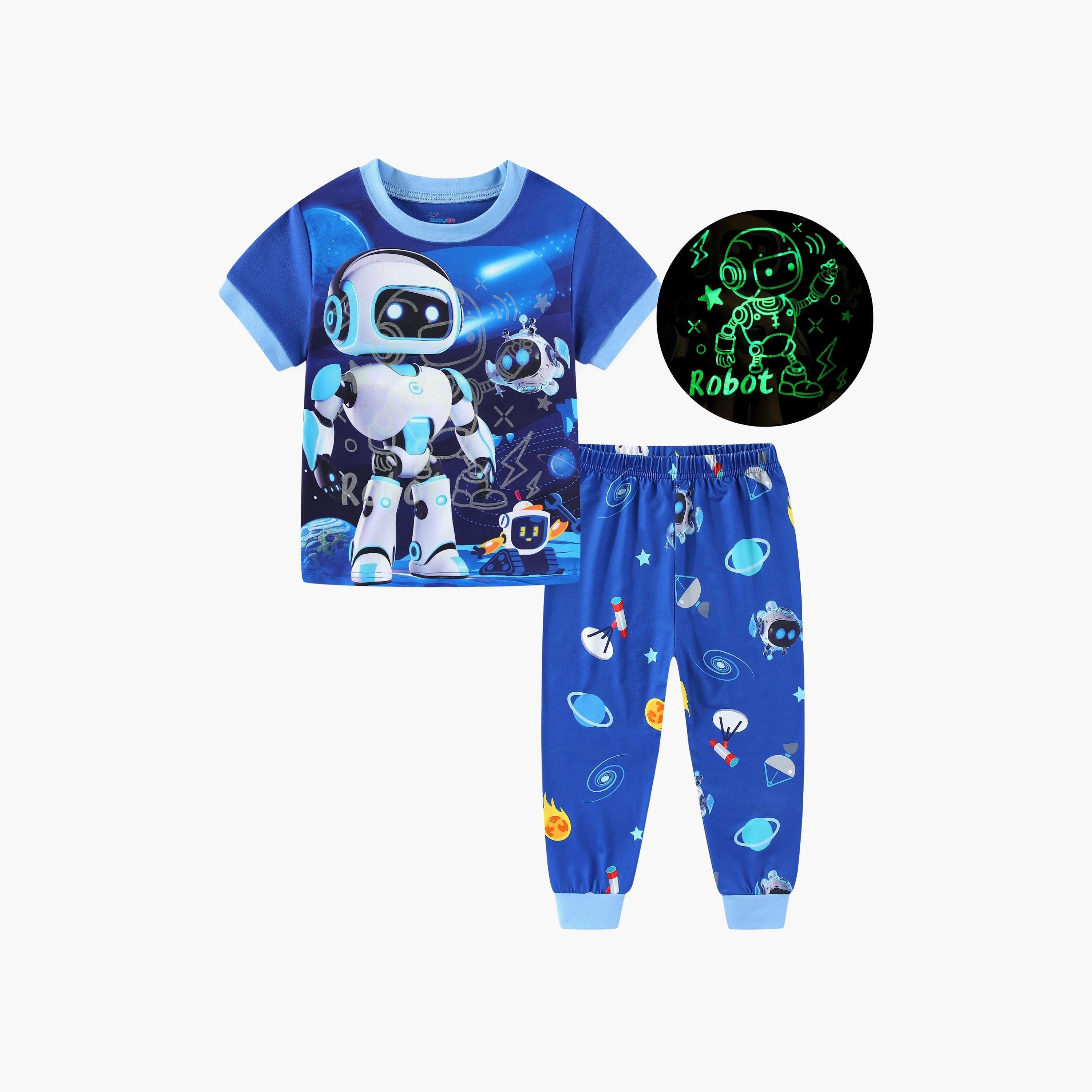 Babyqlo Robot Heroes in Outer Space Printed Glow-in-the-Dark T-Shirt with Joggers-boys-clothing-nightwear-image-1