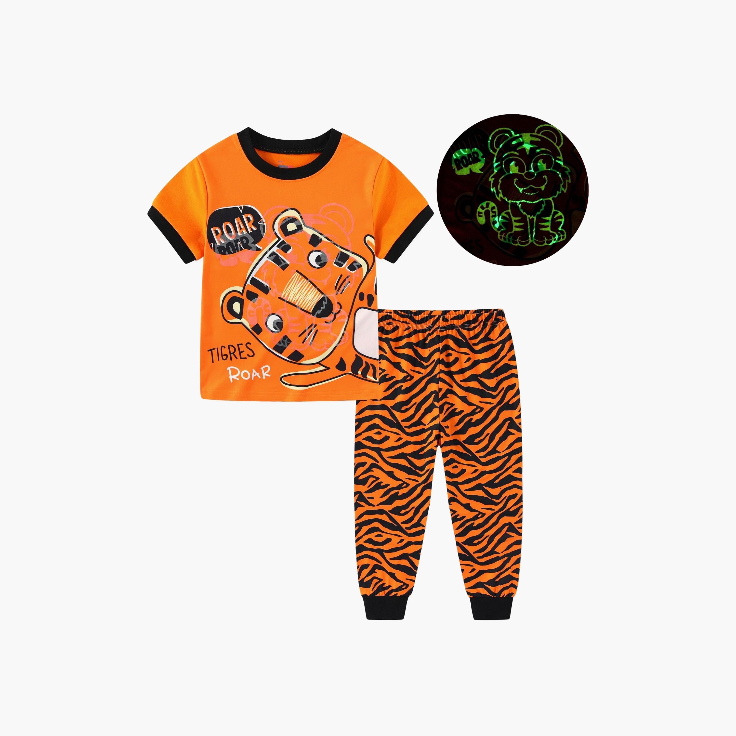 Babyqlo Roaring Tiger Jungle Adventure Printed Glow-in-the-Dark T-Shirt with Joggers-boys-clothing-nightwear-image-1