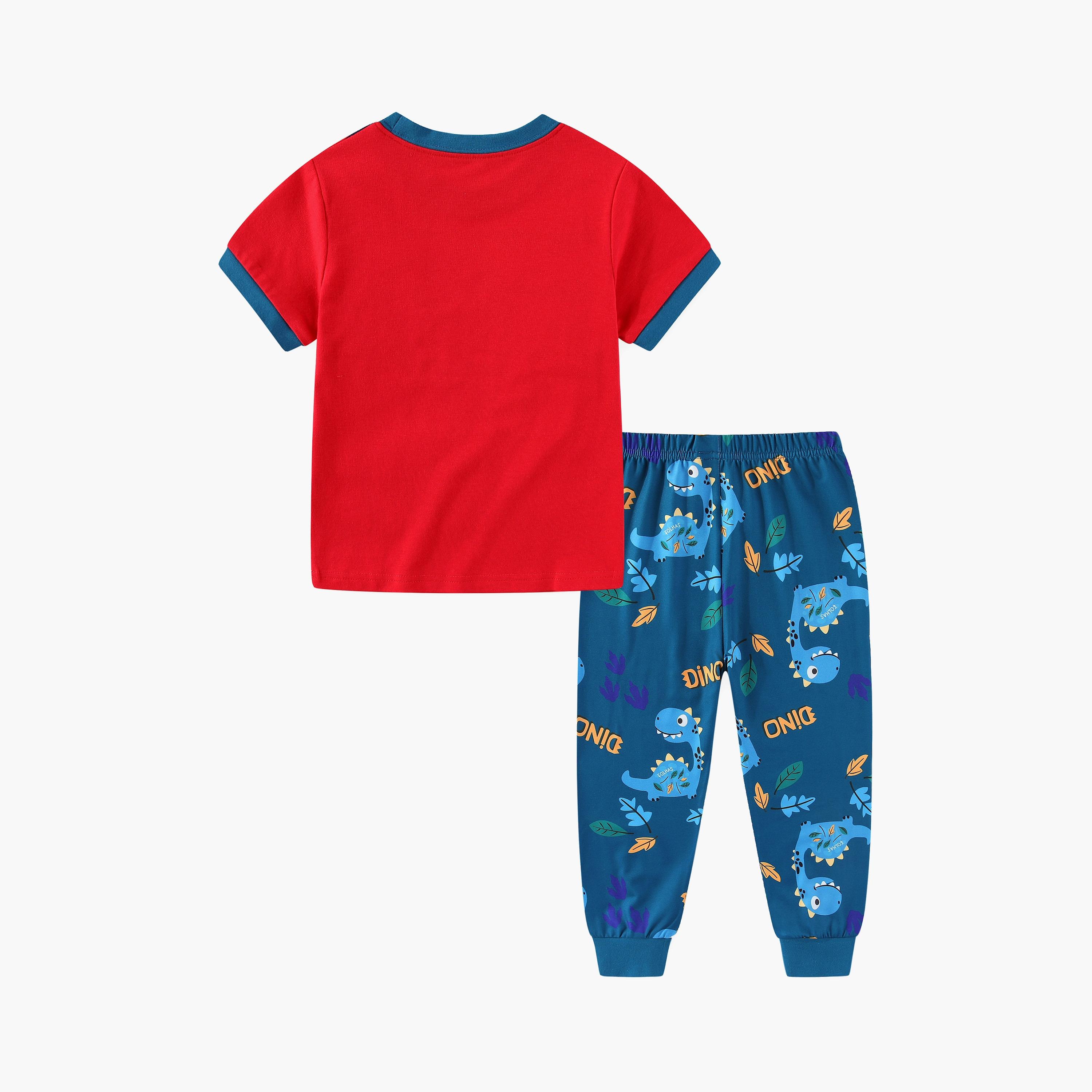 Babyqlo Blue Dino’s Leafy Jungle Trek Printed Glow-in-the-Dark T-Shirt with Joggers-boys-clothing-nightwear-image-3