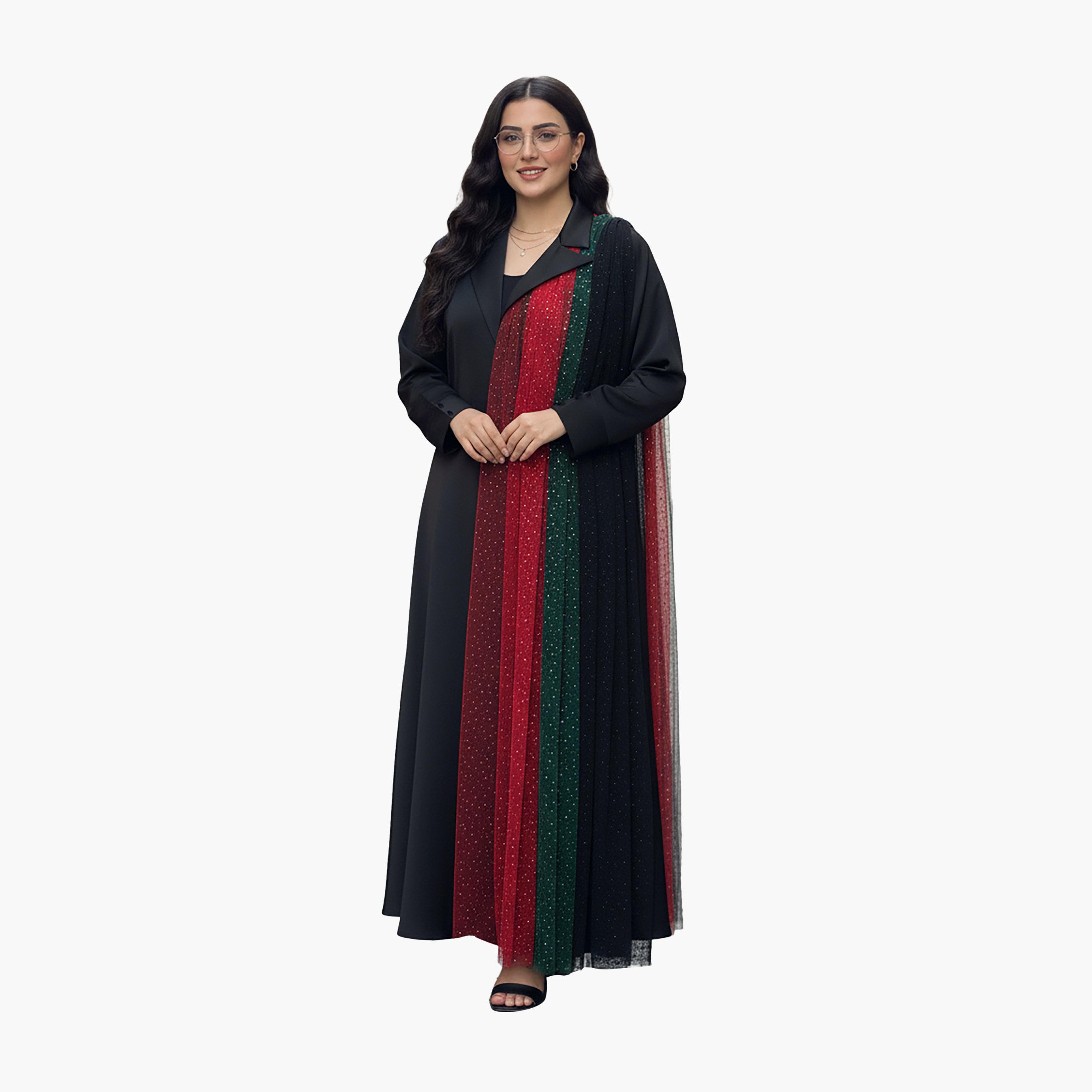 Nukhbaa Black Pleated Lapel Collar Nida Women's Formal Blazer Style Abaya-women-arabicclothing-abayas-image-1