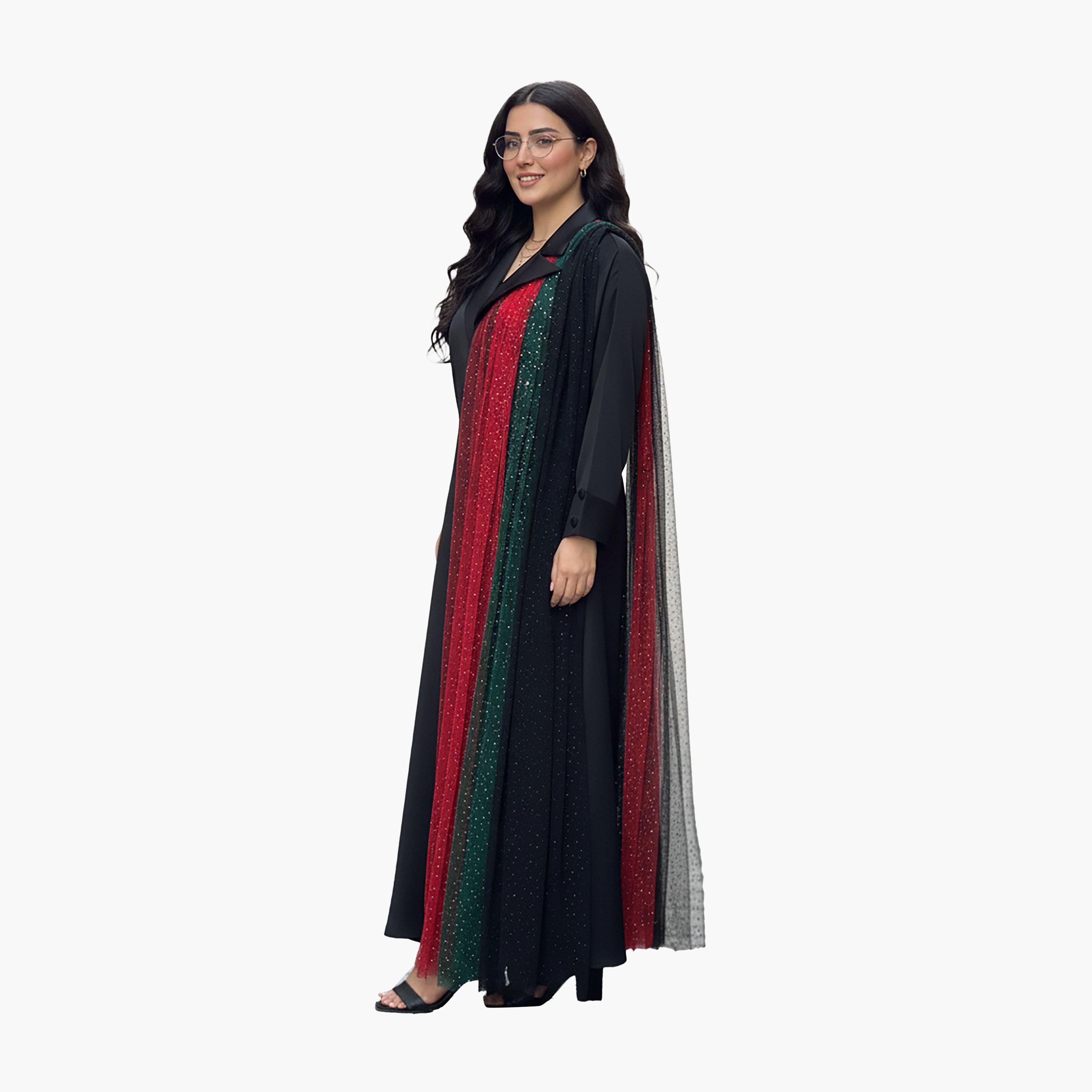 Nukhbaa Black Pleated Lapel Collar Nida Women's Formal Blazer Style Abaya-women-arabicclothing-abayas-image-3