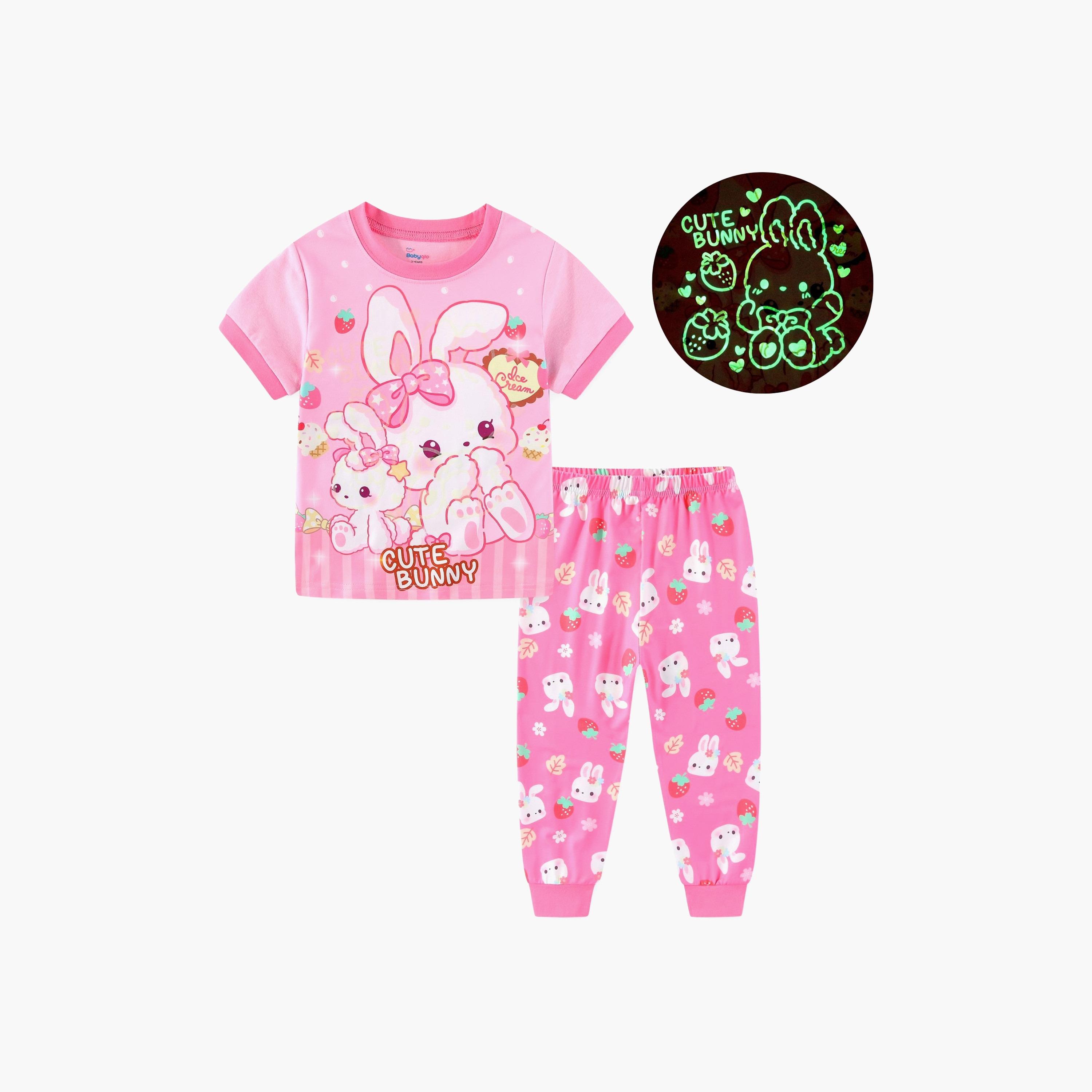 Babyqlo Sweet Bunny and Berry Fun Printed Glow-in-the-Dark T-Shirt with Joggers-girls-clothing-nightwear-image-1