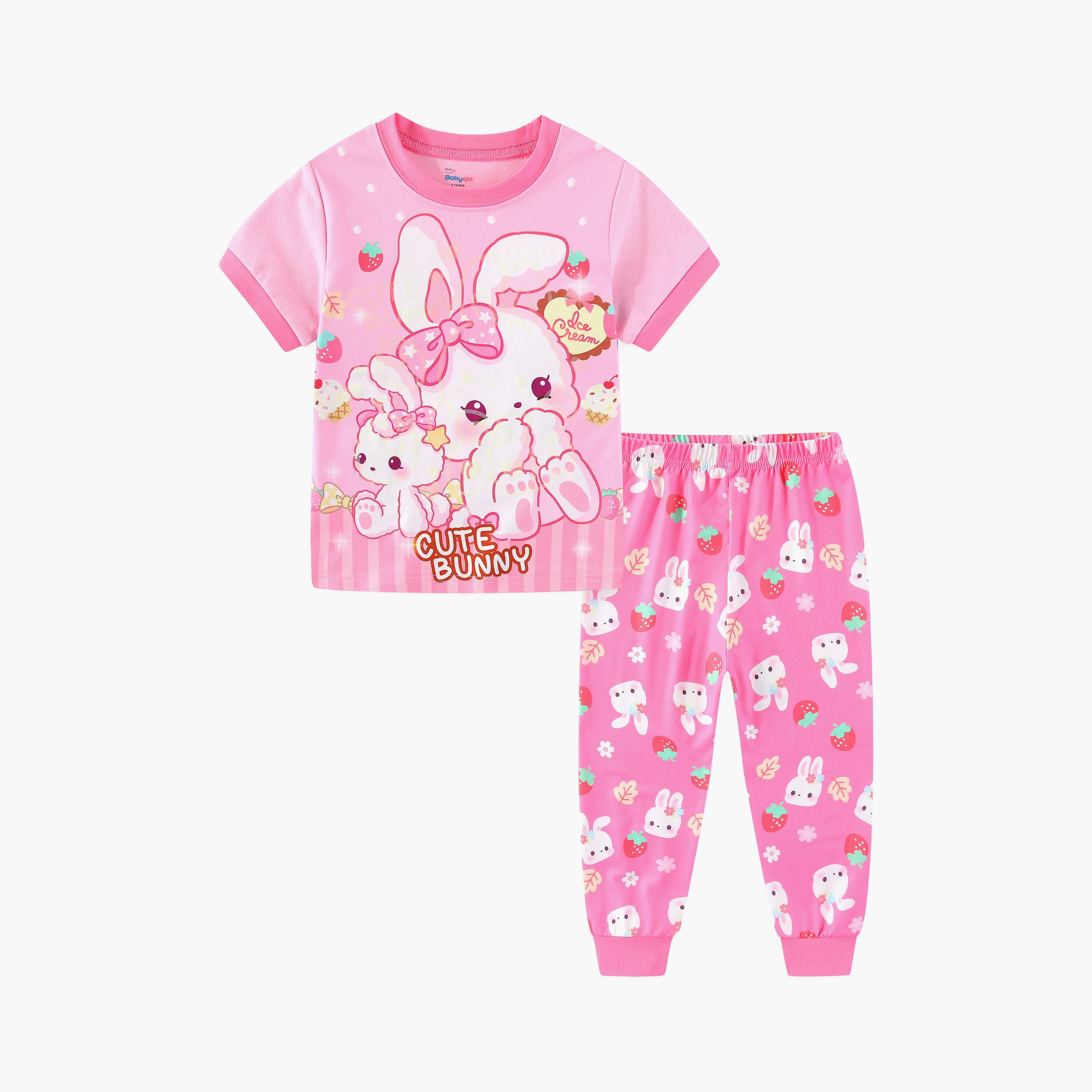 Babyqlo Sweet Bunny and Berry Fun Printed Glow-in-the-Dark T-Shirt with Joggers-girls-clothing-nightwear-image-2