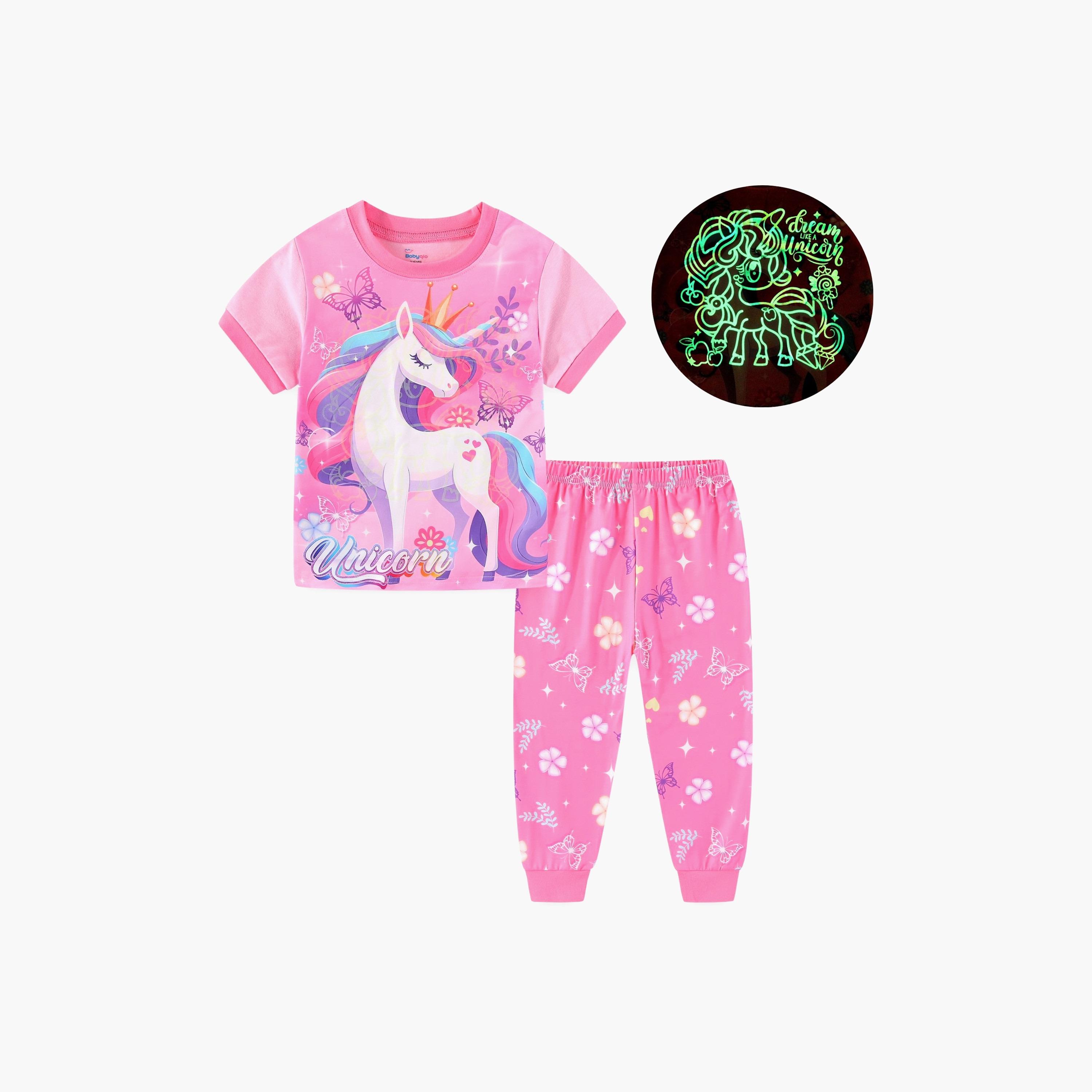 تي شيرت بطبعة رويال يونيكورن وتاج الفراشات متوهجة في الظلام مع بنطال ركض من بيبيكلو-girls-clothing-nightwear-image-1