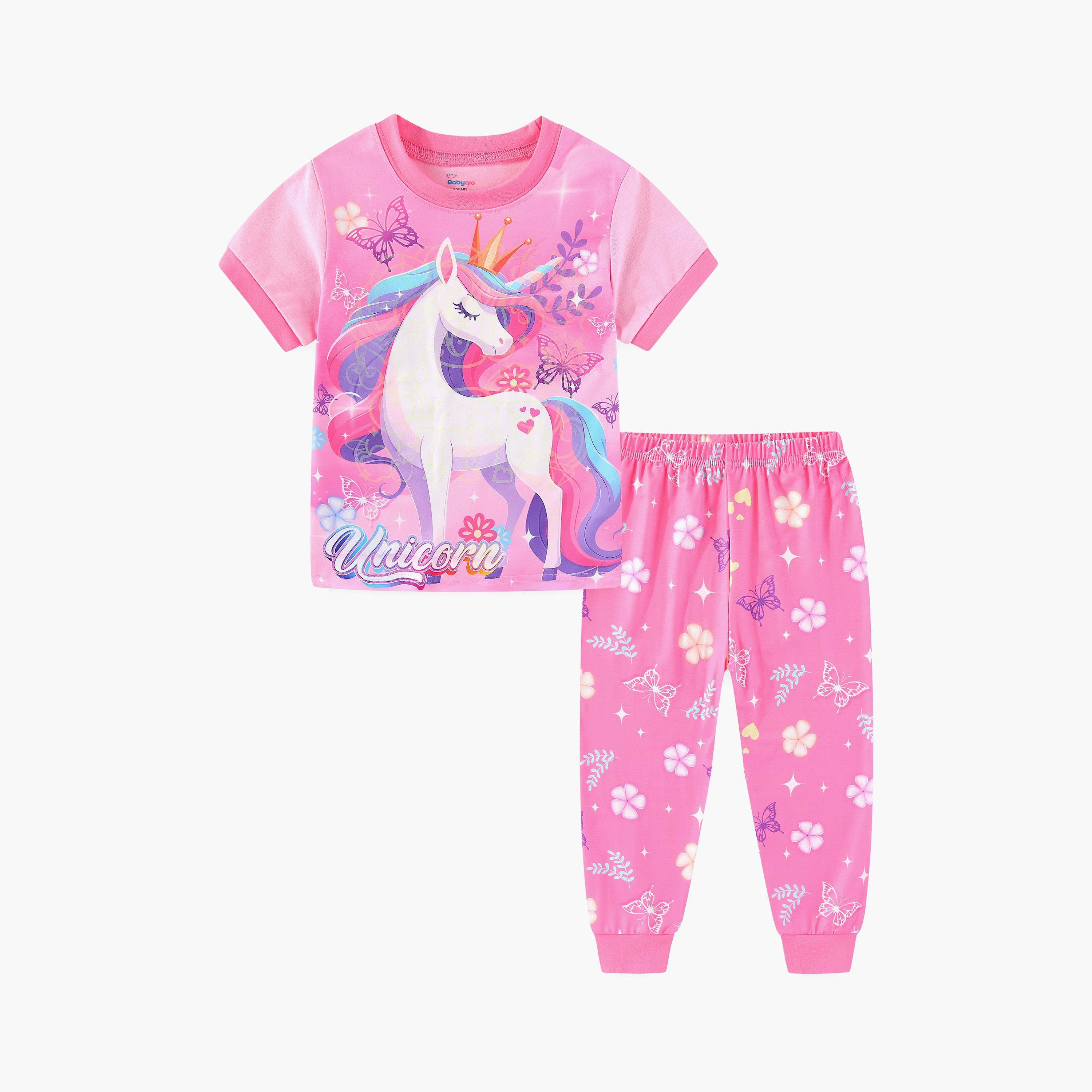 تي شيرت بطبعة رويال يونيكورن وتاج الفراشات متوهجة في الظلام مع بنطال ركض من بيبيكلو-girls-clothing-nightwear-image-3