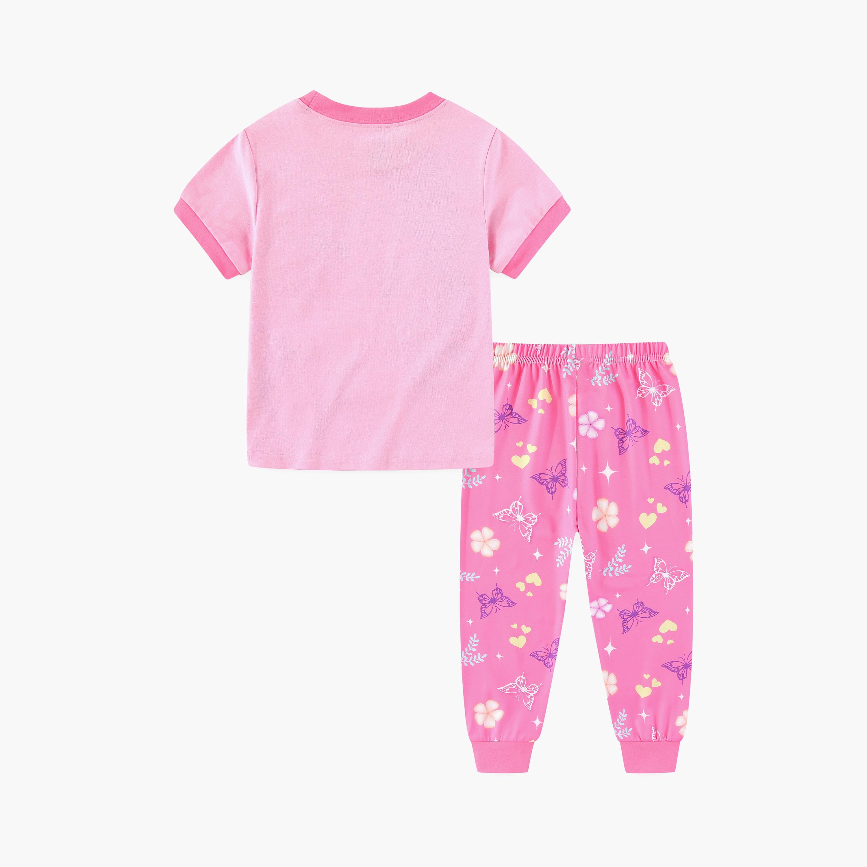 تي شيرت بطبعة رويال يونيكورن وتاج الفراشات متوهجة في الظلام مع بنطال ركض من بيبيكلو-girls-clothing-nightwear-image-4