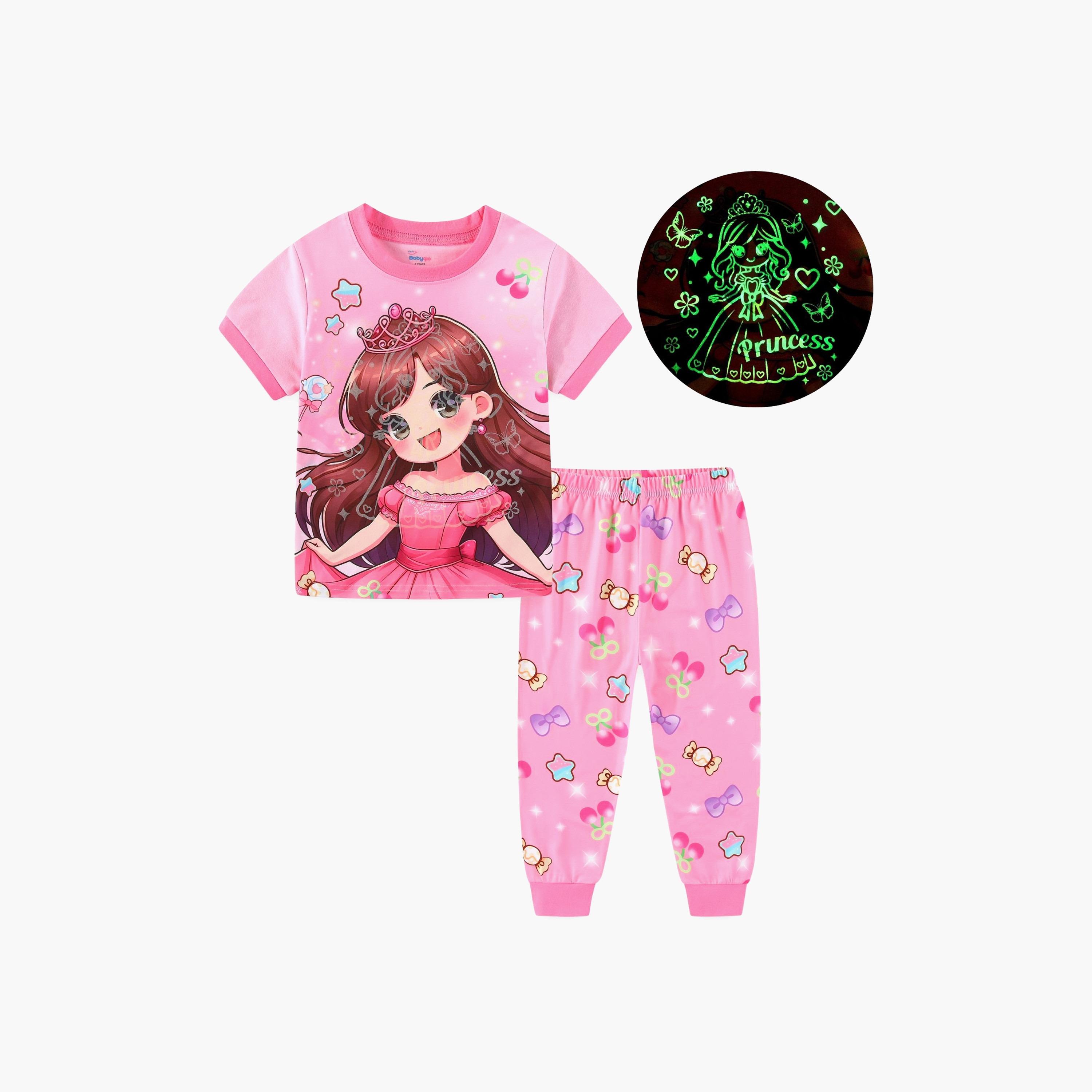 Babyqlo Sparkling Princess Printed Glow-in-the-Dark T-Shirt with Joggers-girls-clothing-nightwear-image-1