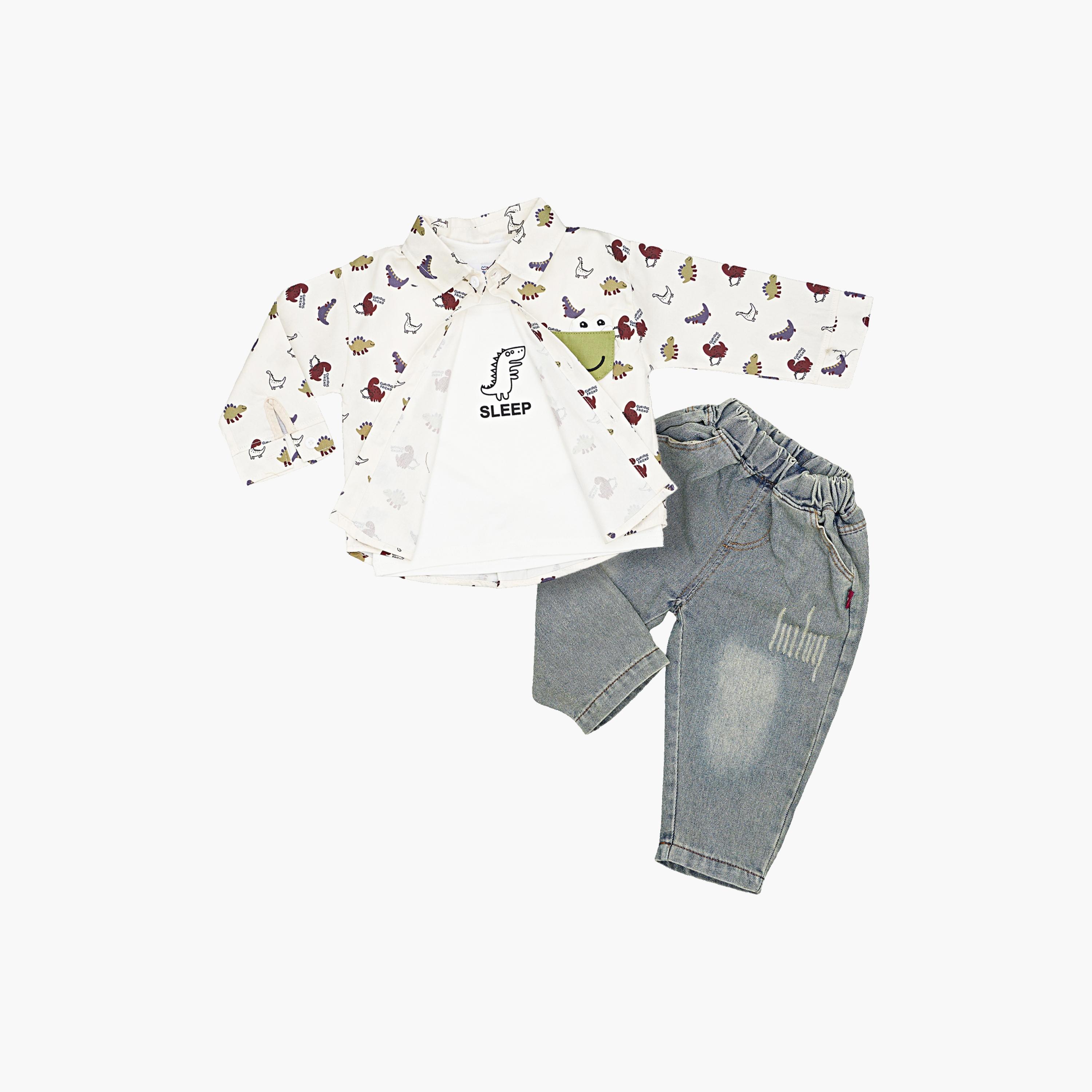 Babyqlo 3-Piece Dinosaur Printed Shirt, T-Shirt and Denim Set-boys-clothing-setsandcoords-image-1